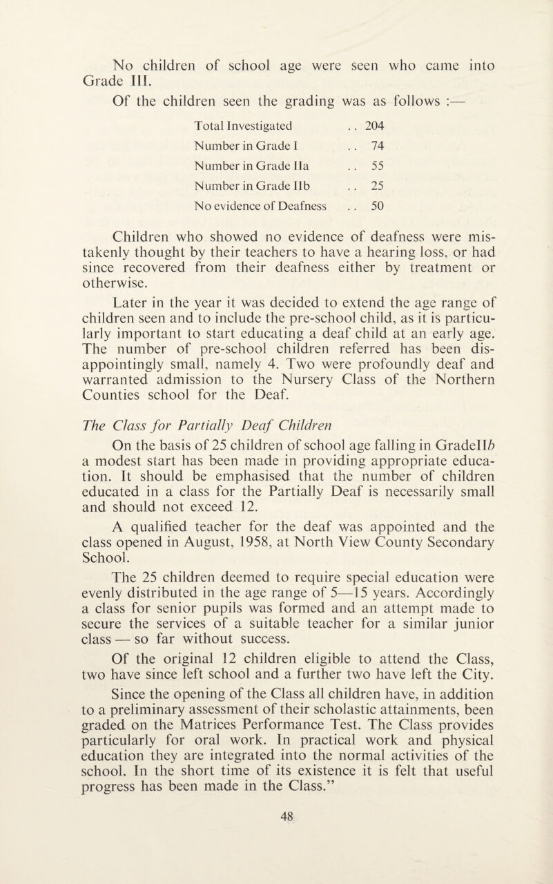 No children of school age were seen who came into Grade 111. Of the children seen the grading was as follows :— Total Investigated .. 204 Number in Grade I 74 Number in Grade I la .. 55 Number in Grade I lb .. 25 No evidence of Deafness .. 50 Children who showed no evidence of deafness were mis¬ takenly thought by their teachers to have a hearing loss, or had since recovered from their deafness either by treatment or otherwise. Later in the year it was decided to extend the age range of children seen and to include the pre-school child, as it is particu¬ larly important to start educating a deaf child at an early age. The number of pre-school children referred has been dis¬ appointingly small, namely 4. Two were profoundly deaf and warranted admission to the Nursery Class of the Northern Counties school for the Deaf. The Class for Partially Deaf Children On the basis of 25 children of school age falling in Gradellb a modest start has been made in providing appropriate educa¬ tion. It should be emphasised that the number of children educated in a class for the Partially Deaf is necessarily small and should not exceed 12. A qualified teacher for the deaf was appointed and the class opened in August, 1958, at North View County Secondary School. The 25 children deemed to require special education were evenly distributed in the age range of 5—-15 years. Accordingly a class for senior pupils was formed and an attempt made to secure the services of a suitable teacher for a similar junior class — so far without success. Of the original 12 children eligible to attend the Class, two have since left school and a further two have left the City. Since the opening of the Class all children have, in addition to a preliminary assessment of their scholastic attainments, been graded on the Matrices Performance Test. The Class provides particularly for oral work. In practical work and physical education they are integrated into the normal activities of the school. In the short time of its existence it is felt that useful progress has been made in the Class.”