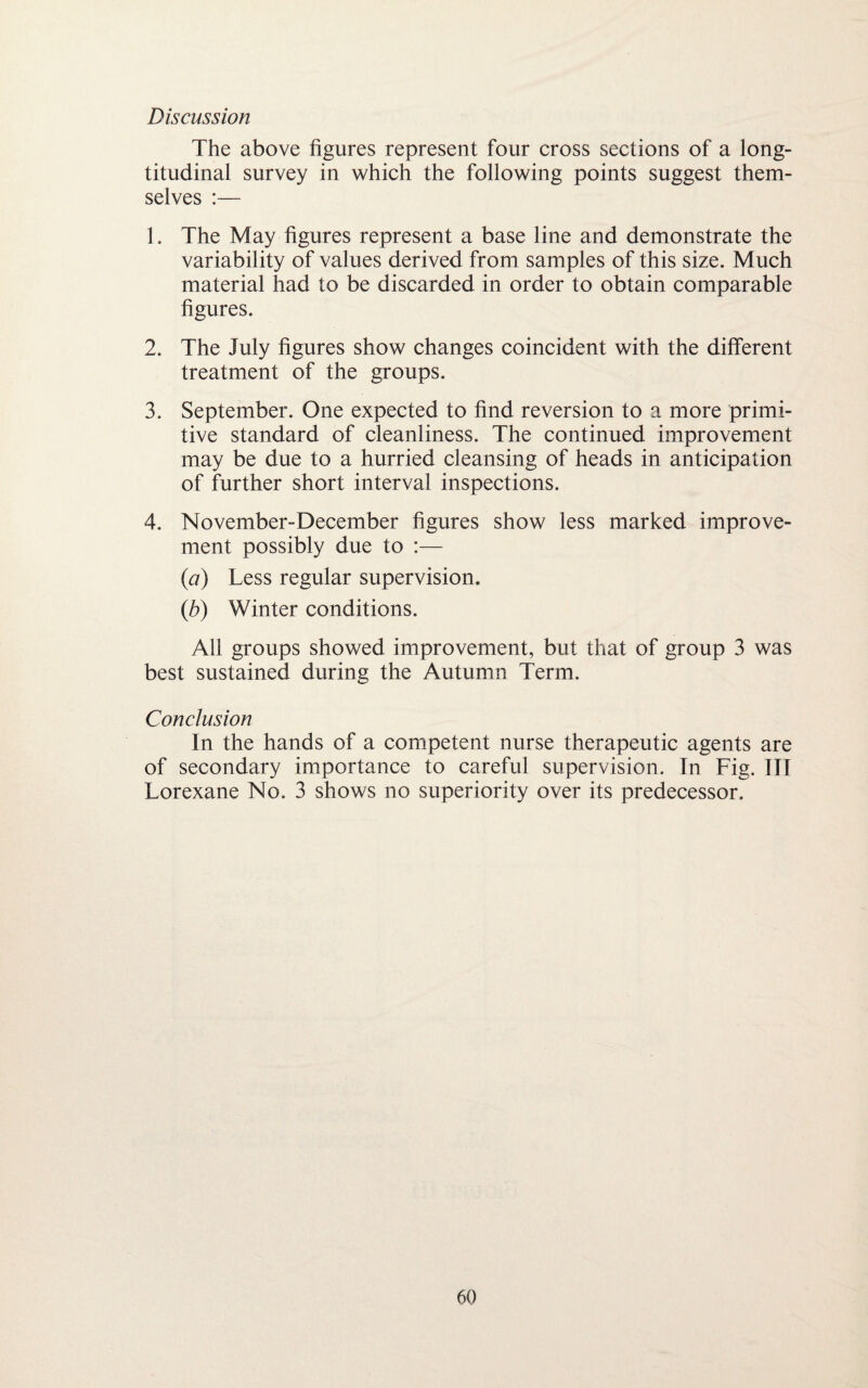 Discussion The above figures represent four cross sections of a long¬ itudinal survey in which the following points suggest them¬ selves :— 1. The May figures represent a base line and demonstrate the variability of values derived from samples of this size. Much material had to be discarded in order to obtain comparable figures. 2. The July figures show changes coincident with the different treatment of the groups. 3. September. One expected to find reversion to a more primi¬ tive standard of cleanliness. The continued improvement may be due to a hurried cleansing of heads in anticipation of further short interval inspections. 4. November-December figures show less marked improve¬ ment possibly due to :— (a) Less regular supervision. (b) Winter conditions. All groups showed improvement, but that of group 3 was best sustained during the Autumn Term. Conclusion In the hands of a competent nurse therapeutic agents are of secondary importance to careful supervision. In Fig. Ill Lorexane No. 3 shows no superiority over its predecessor.