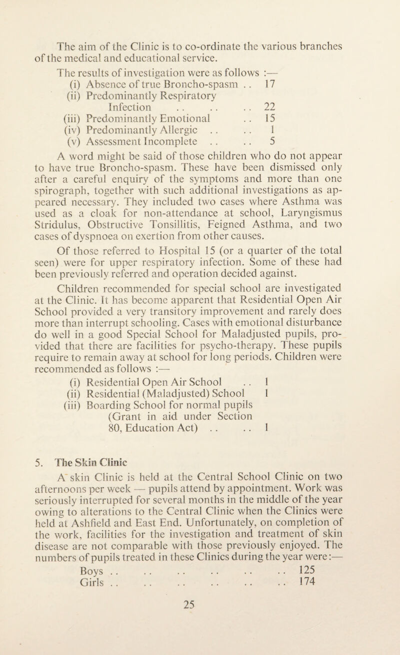 The aim of the Clinic is to co-ordinate the various branches of the medical and educational service. The results of investigation were as follows :— (i) Absence of true Broncho-spasm .. 17 (ii) Predominantly Respiratory Infection . . .. .. 22 (iii) Predominantly Emotional .. 15 (iv) Predominantly Allergic .. . . 1 (v) Assessment Incomplete .. .. 5 A word might be said of those children who do not appear to have true Broncho-spasm. These have been dismissed only after a careful enquiry of the symptoms and more than one spirograph, together with such additional investigations as ap¬ peared necessary. They included two cases where Asthma was used as a cloak for non-attendance at school. Laryngismus Stridulus, Obstructive Tonsillitis, Feigned Asthma, and two cases of dyspnoea on exertion from other causes. Of those referred to Hospital 15 (or a quarter of the total seen) were for upper respiratory infection. Some of these had been previously referred and operation decided against. Children recommended for special school are investigated at the Clinic. It has become apparent that Residential Open Air School provided a very transitory improvement and rarely does more than interrupt schooling. Cases with emotional disturbance do well in a good Special School for Maladjusted pupils, pro¬ vided that there are facilities for psycho-therapy. These pupils require to remain away at school for long periods. Children were recommended as follows :— (i) Residential Open Air School . . 1 (ii) Residential (Maladjusted) School 1 (iii) Boarding School for normal pupils (Grant in aid under Section 80, Education Act) . . 1 5. The Skin Clinic A skin Clinic is held at the Central School Clinic on two afternoons per week — pupils attend by appointment. Work was seriously interrupted for several months in the middle of the year owing to alterations to the Central Clinic when the Clinics were held at Ashneld and East End. Unfortunately, on completion of the work, facilities for the investigation and treatment of skin disease are not comparable with those previously enjoyed. The numbers of pupils treated in these Clinics during the year were:— Boys .. .. .. .. . • . • 125 Girls .. . . .. .. .. .. 174