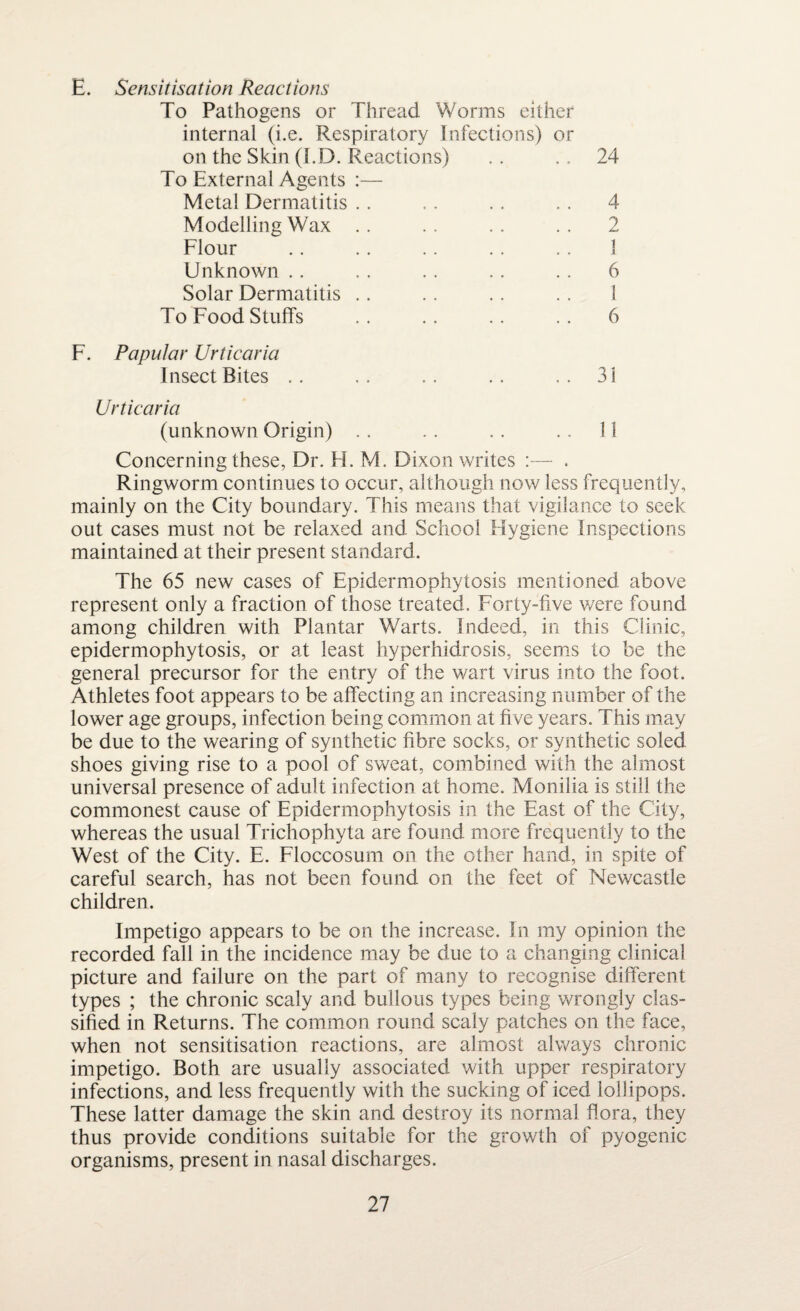 E. Sensitisation Reactions To Pathogens or Thread Worms either internal (i.e. Respiratory Infections) or on the Skin (I.D. Reactions) . . .. 24 To External Agents :— Metal Dermatitis . . . . . . . . 4 Modelling Wax . . . . . . . . 2 Flour .. . . . . . . . . 1 Unknown .. . . . . . . .. 6 Solar Dermatitis .. . . . . . . 1 To Food Stuffs .. .. .. .. 6 F. Papular Urticaria Insect Bites . . . . . . . . 31 Urticaria (unknown Origin) . . . . . . . . 11 Concerning these, Dr. H. M. Dixon writes :— . Ringworm continues to occur, although now less frequently, mainly on the City boundary. This means that vigilance to seek out cases must not be relaxed and School Hygiene Inspections maintained at their present standard. The 65 new cases of Epidermophytosis mentioned above represent only a fraction of those treated. Forty-five were found among children with Plantar Warts. Indeed, in this Clinic, epidermophytosis, or at least hyperhidrosis, seems to be the general precursor for the entry of the wart virus into the foot. Athletes foot appears to be affecting an increasing number of the lower age groups, infection being common at five years. This may be due to the wearing of synthetic fibre socks, or synthetic soled shoes giving rise to a pool of sweat, combined with the almost universal presence of adult infection at home. Monilia is still the commonest cause of Epidermophytosis in the East of the City, whereas the usual Trichophyta are found more frequently to the West of the City. E. Floccosum on the other hand, in spite of careful search, has not been found on the feet of Newcastle children. Impetigo appears to be on the increase. In my opinion the recorded fall in the incidence may be due to a changing clinical picture and failure on the part of many to recognise different types ; the chronic scaly and bullous types being wrongly clas¬ sified in Returns. The common round scaly patches on the face, when not sensitisation reactions, are almost always chronic impetigo. Both are usually associated with upper respiratory infections, and less frequently with the sucking of iced lollipops. These latter damage the skin and destroy its normal flora, they thus provide conditions suitable for the growth of pyogenic organisms, present in nasal discharges.