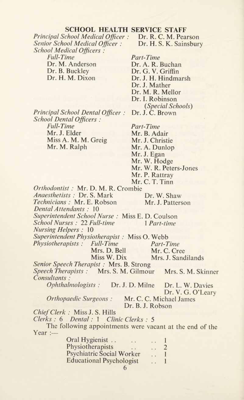 Principal School Medical Officer : Dr. R. C. M. Pearson Senior School Medical Officer : School Medical Officers Full-Time Dr. M. Anderson Dr. B. Buckley Dr. H. M. Dixon Principal School Dental Officer School Dental Officers : Full-Time Mr. J. Elder Miss A. M. M. Greig Mr. M. Ralph Dr. H. S. K. Sainsbury Part-Time Dr. A. R. Buchan Dr. G. V. Griffin Dr. J. H. Hindmarsh Dr. J. Mather Dr. M. R. Mellor Dr. I. Robinson 0Special Schools) Dr. J. C. Brown Orthodontist . Anaesthetists Technicians : Part-Time Mr. B. Adair Mr. J. Christie Mr. A. Dunlop Mr. J. Egan Mr. W. Hodge Mr. W. R. Peters-Jones Mr. P. Rattray Mr. C. T. Tinn • Mr. D. M. R. Crombie : Dr. S. Mark Dr. W. Shaw Mr. E. Robson Mr. J. Patterson Dental Attendants : 10 Superintendent School Nurse : Miss E. D. Coulson School Nurses : 22 Full-time 1 Part-time Nursing Helpers : 10 Superintendent Physiotherapist : Miss O. Webb Physiotherapists : Full-Time Part-Time Mrs. D. Bell Mr. C. Cree Miss W. Dix Mrs. J. Sandilands Senior Speech Therapist : Mrs. B. Strong Speech Therapists : Mrs. S. M. Gilmour Mrs. S. M. Skinner Consultants : Ophthalmologists : Dr. J. D. Milne Dr. L. W. Davies Dr. V. G. O’Leary Orthopaedic Surgeons : Mr. C. C. Michael James Dr. B. J. Robson Chief Clerk : Miss J. S. Hills Clerks : 6 Dental: 1 Clinic Clerks : 5 The following appointments were vacant at the end of the Year :— Oral Hygienist . . .. 1 Physiotherapists .. . . 2 Psychiatric Social Worker .. 1 Educational Psychologist .. 1