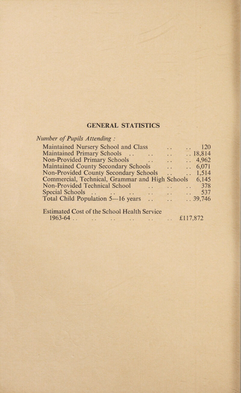 GENERAL STATISTICS Number of Pupils Attending : Maintained Nursery School and Class .. .. 120 Maintained Primary Schools .. .. .. ,.18,814 Non-Provided Primary Schools .. .. .. 4,962 Maintained County Secondary Schools .. .. 6,071 Non-Provided County Secondary Schools .. .. 1,514 Commercial, Technical, Grammar and High Schools 6,145 Non-Provided Technical School .. .. .. 378 Special Schools .. .. .. ., .. .. 537 Total Child Population 5—16 years .. .. .. 39,746 Estimated Cost of the School Health Service 1963-64 .. £117,872