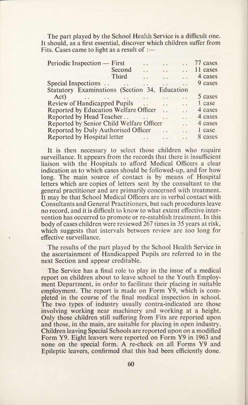 The part played by the School Health Service is a difficult one. It should, as a first essential, discover which children suffer from Fits. Cases came to light as a result of :— Periodic Inspection — First Second Third Special Inspections Statutory Examinations (Section 34, Education A £ Iv l 1 •• • • •• •• •• •• Review of Handicapped Pupils Reported by Education Welfare Officer Reported by Head Teacher Reported by Senior Child Welfare Officer Reported by Duly Authorised Officer Reported by Hospital letter 77 cases 11 cases 4 cases 9 cases 5 cases 1 case 4 cases 4 cases 4 cases lease 8 cases It is then necessary to select those children who require surveillance. It appears from the records that there is insufficient liaison with the Hospitals to afford Medical Officers a clear indication as to which cases should be followed-up, and for how long. The main source of contact is by means of Hospital letters which are copies of letters sent by the consultant to the general practitioner and are primarily concerned with treatment. It may be that School Medical Officers are in verbal contact with Consultants and General Practitioners, but such procedures leave no record, and it is difficult to know to what extent effective inter¬ vention has occurred to promote or re-establish treatment. In this body of cases children were reviewed 267 times in 35 years at risk, which suggests that intervals between review are too long for effective surveillance. The results of the part played by the School Health Service in the ascertainment of Handicapped Pupils are referred to in the next Section and appear creditable. The Service has a final role to play in the issue of a medical report on children about to leave school to the Youth Employ¬ ment Department, in order to facilitate their placing in suitable employment. The report is made on Form Y9, which is com¬ pleted in the course of the final medical inspection in school. The two types of industry usually contra-indicated are those involving working near machinery and working at a height. Only those children still suffering from Fits are reported upon and those, in the main, are suitable for placing in open industry. Children leaving Special Schools are reported upon on a modified Form Y9. Eight leavers were reported on Form Y9 in 1963 and none on the special form. A re-check on all Forms Y9 and Epileptic leavers, confirmed that this had been efficiently done.