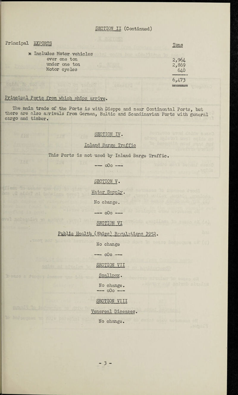 Principal EXPORTS Tons h Includes Motor vehicles over one ton under one ton Motor cycles 2,964 2,869 640 6,473 Principal Ports from which ships arrive. The main trade of the Ports is with Dieppe and near Continental Ports, but there are also arrivals from German, Baltic and Scandinavian Ports with general cargo and timber. SECTION IV. Inland Barge Traffic This Ports is not used by Inland Barge Traffic. -0O0 SECTION V. Water Supply. No change. - 0O0 —- SECTION VI No change —- 0O0 -— SECTION VII Smallpox. No change. - 0O0 —— SECTION VIII Venereal Diseases. No change. - 3 -