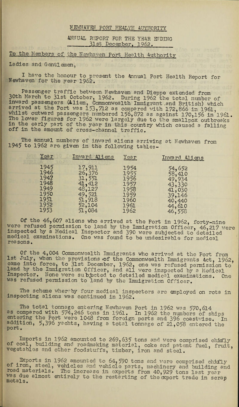 ANNUAL REPORT FOR THE YEAR SIDING _31st December. 1962. To the Members of the Newhaven Port Health Authority Ladies and Gentlemen, I have the honour to present the Annual Port Health Report for Newhaven for the year 1962. Passenger traffic between Newhaven and Dieppe extended from 30th March to 31st October, 1962. During 1962 the total number of inward passengers (Alien, Commonwealth Immigrant.and British) which arrived at the Port was 153,712 as compared with 172,866 in 1961, whilst outward passengers numbered 156,872 as against 170,156 in 1961. The lower figures for 1962 were largely due to the smallpox outbreaks in the early part of the year in this country which caused a falling off in the amount of cross-channel traffic. The annual numbers of inward aliens arriving at Newhaven from 1945 to 1962 are given in the following tables- Year Inward Aliens Year 1945 17,911 1954 1946 26,376 1955 194? 31,551 1956 1948 41,412 1957 1949 48,127 1958 1950 49,521 1959 1951 51,918 I960 1952 52,104 1961 1953 51,084 1962 Inward Aliens 54,652 58,410 49,934 43,330 41,030 39,146 40,440 44,610 46,558 Of the 46,607 aliens who arrived at the Port in 1962, forty-nine were refused permission to land by the Immigration Officer, 46,217 were inspected by_a Medical Inspector and 390 were subjected to detailed medical examinations. One was found to be undesirable for medical reasons. Of the 4,004 Commonwealth Immigrants who arrived at the Port from 1st July, when the provisions .of the Commonwealth Immigrants Act, 1962, came into force, to 31st December, 1962, one was refused permission to land by the Immigration Officer, and all were inspected by a Medical Inspector. None were subjected to detailed medical examinations. One was refused permission to land by the Immigration Officer. The scheme whereby four medical inspectors are employed on rota in inspecting aliens was continued in 1962. The total tonnage entering Newhaven Port in 1962 was 570,614 as compared with 574,246 tons in 1961. In 1962 the numbers of ships entering the Port were 1048 from foreign ports and 396 coastwise. In addition, 5,396 yachts, having a total tonnage of 21,058 entered the port. Imports In 1962 amounted to 269,635 tons and were comprised chiefly of coal, building and roadmaking material, coke and patent fuel, fruit, vegetables and other foodstuffs, timber, iron and steel. . Exports in 1962 amounted to 64, 590 tons and were comprised chiefly of iron, steel, vehicles and vehicle parts, machinery and building and road materials. The increase in exports from 40,929 tons last year was due almost entirely to the restarting of the export trade in scran metals. *