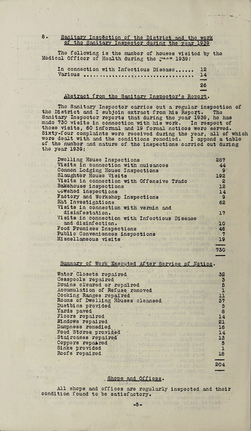 8 • Sanitary Insx>action of the District and the work of the Sanitary Inspector during the year 1939 The following is the number of houses visited by the Medical Officer of Health during the 1939: In connection with Infectious Disease...... 12 Various .... 14 26 Abstract from tho Sanitary Inspector's Resort. The Sanitary Inspector carries out a regular inspection of tho District and I subjoin extract from his Report. The Sanitary Inspector reports that during tho year 1939, he has made 730 visits in connection with his work. In respect of these visits, 60 informal and 19 formal notices were served. Sixty-four complaints were received during the year, all of which were dealt with and the conditions remedied. I append a table of the number and nature of the inspections carried out during the year 1939.; Dwelling House Inspections 287 .Visits in connection with nuisances 44 Common Lodging House Inspections 9 Slaughter House Visits 192 Visits in connection with Offensive Trade 2 Bakehouse inspections 12 cowshed inspections 14 Factory and Workshop Inspections 9 Rat Investigations 62 Visits in connection with vermin and disinfestation. • • 17 Visits in connection with Infectious Disease and disinfection. 10 Food Premises Inspections 46 Public Conveniences inspections 7 Miscellaneous visits 19 730 Summary of Work Executed After Service of Notice. Wat.er Closets repaired 32 Cesspools repaired ' ' 3 Drains cleared or repaired 5 Accumulation of Refuse removed 1 Cooking Ranges repaired 11 Rooms of Dwelling Rouses'* cleansed 37 Dustbins provided 5 Yards paved ' 8 Floors repaired ’ 14 Windows repaired 21 Dampness remedied. > * 16 Food Stores provided’ 14 • Staircases repaired' 13 Coppers repaired 5 Sinks provided 1 Roofs repaired 18 204 ... Shops and Offices. ' ’ • f‘ All shops and offices are regularly inspected and their condition found to be satisfactory. -5-