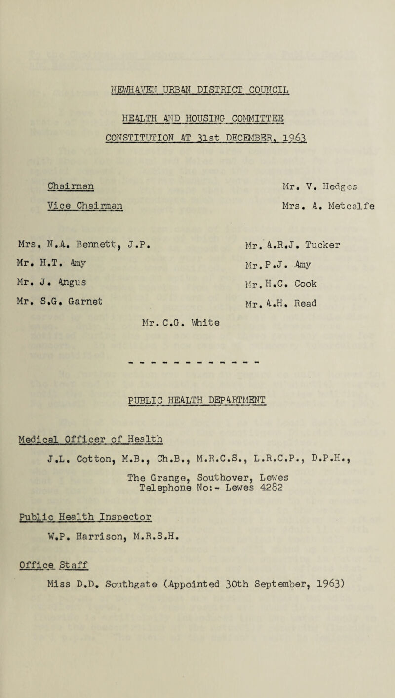 NEWHAVEN URBAN DISTRICT COUNCIL HEALTH AND HOUSING COMMITTEE CONSTITUTION AT 31st DECEMBER,. 1963 Chairman Vice Chairman Mrs, N,A. Bennett, J.P, Mr, H.T. Amy Mr, J, Ajigus Mr. S,G* Garnet Mr. C.G Mr, V. Hedges Mrs, A. Metcalfe Mr, A.R.J. Tucker Mr.P.J. -Amy Ur.H.C, Cook Mr. A.H, Read White PUBLIC HEALTH DEPARTMENT Medical Officer of Health J.L, Cotton, M.B., Ch.B., M.R.C.S., L.R.C.P., D.P.H., The Grange, Southover, Lewes Telephone No:- Lewes 4282 Public Health Inspector W.P. Harrison, M.R.S.H. Office Staff Miss D.D* Southgate (Appointed 30th September, 1963)