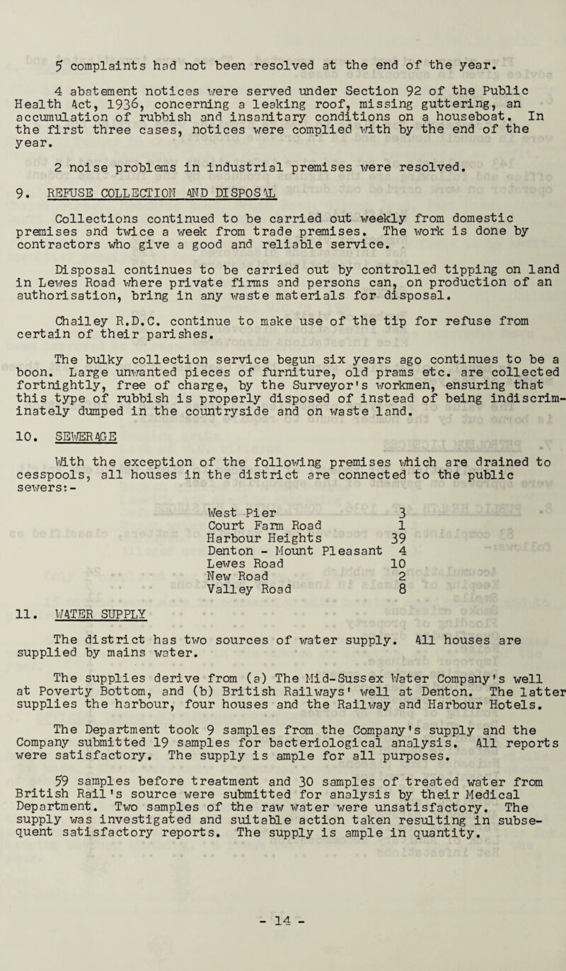 4 abatement notices were served under Section 92 of the Public Health Act, 1936, concerning a leaking roof, missing guttering, an accumulation of rubbish and insanitary conditions on a houseboat. In the first three cases, notices were complied with by the end of the year. 2 noise problems in industrial premises were resolved. 9. REFUSE COLLECTION AND DISPOSAL Collections continued to be carried out weekly from domestic premises and twice a week from trade premises. The work is done by contractors who give a good and reliable service. Disposal continues to be carried out by controlled tipping on land in Lewes Road where private firms and persons can, on production of an authorisation, bring in any waste materials for disposal. Chailey R.D.C. continue to make use of the tip for refuse from certain of their parishes. The bulky collection service begun six years ago continues to be a boon. Large unwanted pieces of furniture, old prams etc. are collected fortnightly, free of charge, by the Surveyor's workmen, ensuring that this type of rubbish is properly disposed of instead of being indiscrim¬ inately dumped in the countryside and on waste land. 10. SEWERAGE With the exception of the following premises which are drained to cesspools, all houses in the district are connected to the public sexier s; - West Pier 3 Court Farm Road 1 Harbour Heights 39 Denton - Mount Pleasant 4 Lewes Road 10 New Road 2 Valley Road 8 11. WATER SUPPLY The district has two sources of water supply. All houses are supplied by mains water. The supplies derive from (a) The Mid-Sussex Water Company's well at Poverty Bottom, and (b) British Railways' well at Denton. The latter supplies the harbour, four houses and the Railway and Harbour Hotels. The Department took 9 samples from the Company's supply and the Company submitted 19 samples for bacteriological analysis. All reports were satisfactory. The supply is ample for all purposes. 59 samples before treatment and 30 samples of treated water from British Rail's source were submitted for analysis by their Medical Department. Two samples of the rax-/ water were unsatisfactory. The supply was investigated and suitable action taken resulting in subse¬ quent satisfactory reports. The supply is ample in quantity. 14 -