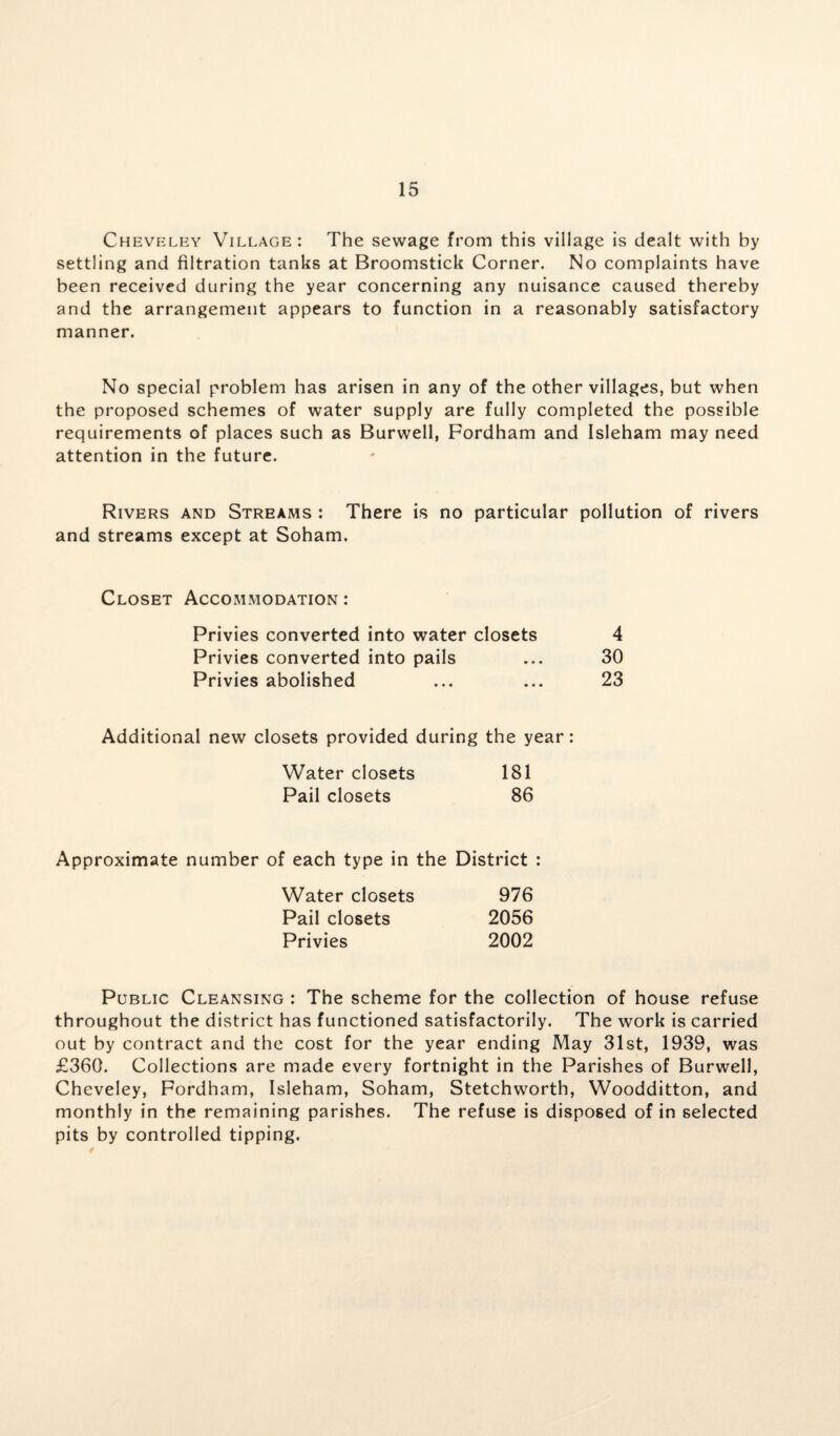 Cheveley Village: The sewage from this village is dealt with by settling and filtration tanks at Broomstick Corner. No complaints have been received during the year concerning any nuisance caused thereby and the arrangement appears to function in a reasonably satisfactory manner. No special problem has arisen in any of the other villages, but when the proposed schemes of water supply are fully completed the possible requirements of places such as Burwell, Fordham and Isleham may need attention in the future. Rivers and Streams : There is no particular pollution of rivers and streams except at Soham. Closet Accommodation : Privies converted into water closets 4 Privies converted into pails ... 30 Privies abolished ... ... 23 Additional new closets provided during the year: Water closets 181 Pail closets 86 Approximate number of each type in the District : Water closets 976 Pail closets 2056 Privies 2002 Public Cleansing : The scheme for the collection of house refuse throughout the district has functioned satisfactorily. The work is carried out by contract and the cost for the year ending May 31st, 1939, was £360. Collections are made every fortnight in the Parishes of Burwell, Cheveley, Fordham, Isleham, Soham, Stetchworth, Woodditton, and monthly in the remaining parishes. The refuse is disposed of in selected pits by controlled tipping.