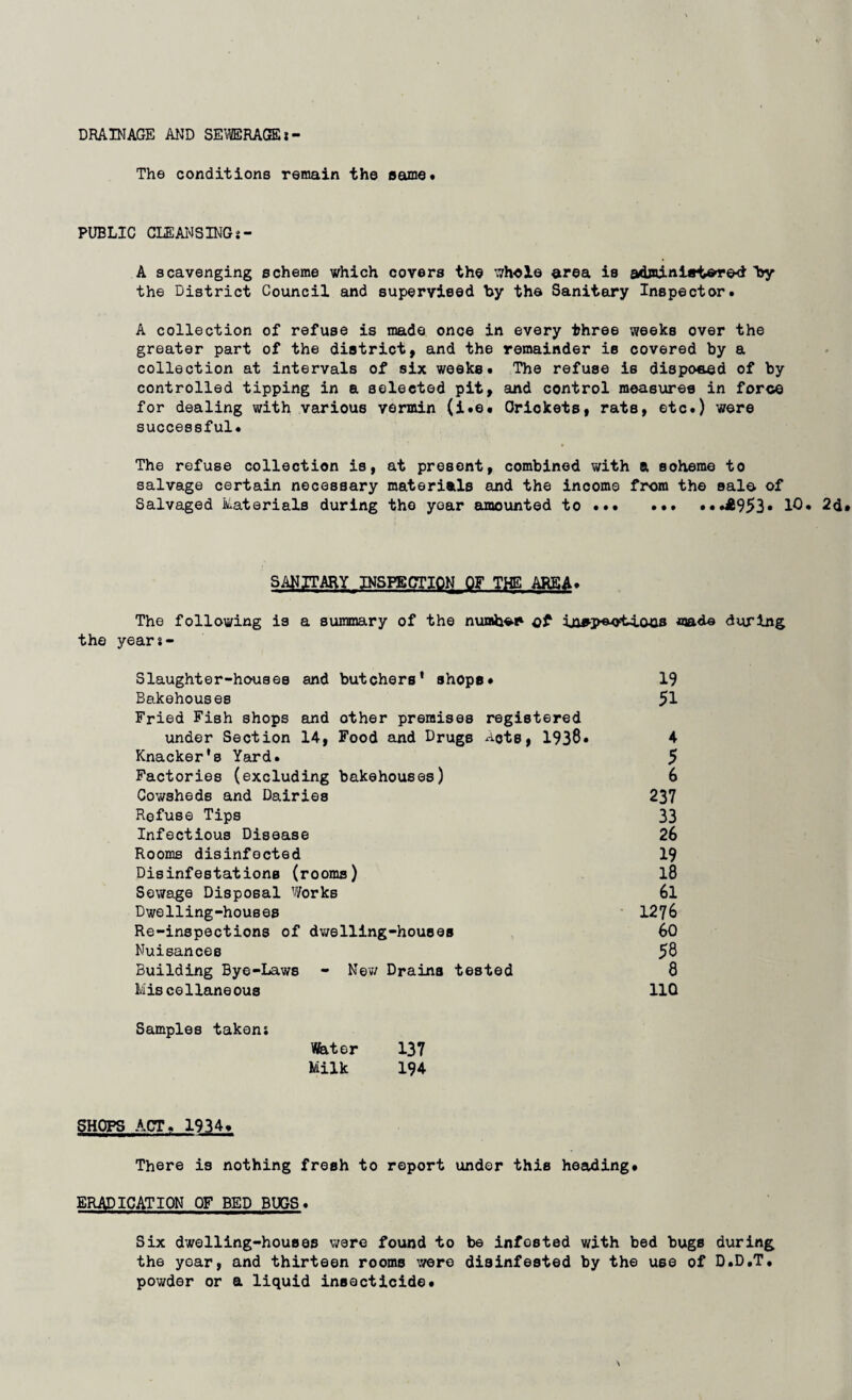 DRAINAGE AND SEWERAGEi The conditions remain the same. PUBLIC CLEANS INGs- A scavenging scheme which covers the whole area is administered by the District Council and supervised by the Sanitary Inspector. A collection of refuse is made once in every three weeks over the greater part of the district, and the remainder is covered by a collection at intervals of six weeks. The refuse is disposed of by controlled tipping in a selected pit, and control measures in force for dealing with various vermin (i.e. Crickets, rats, etc.) were successful. The refuse collection is, at present, combined with ft scheme to salvage certain necessary materials and the income from the sale of Salvaged Materials during the year amounted to.£953* 10* 2d SANITARY INSPECTION OF THE AREA. The following is a summary of the numhe-r of insKp&O'tio-as made during the years- Slaughter-houses and butchers* shops* 19 Bakehouses 51 Fried Fish shops and other premises registered under Section 14, Food and Drugs ^ote, 1938. 4 Knacker's Yard. 5 Factories (excluding bakehouses) 6 Cowsheds and Dairies 237 Refuse Tips 33 Infectious Disease 26 Rooms disinfected 19 Disinfestations (rooms) 18 Sewage Disposal Works 6l Dwelling-houses 1276 Re-inspections of dwelling-houses 60 Nuisances 58 Building Bye-Laws - New Drains tested 8 Miscellaneous 11Q Samples taken; later 137 Milk 194 SHOPS ACT. 1934. There is nothing fresh to report under this heading* ERADICATION OF BED BUGS. Six dwelling-houses were found to be infosted with bed bugs during the year, and thirteen rooms were disinfested by the use of D.D.T. powder or a liquid insecticide*