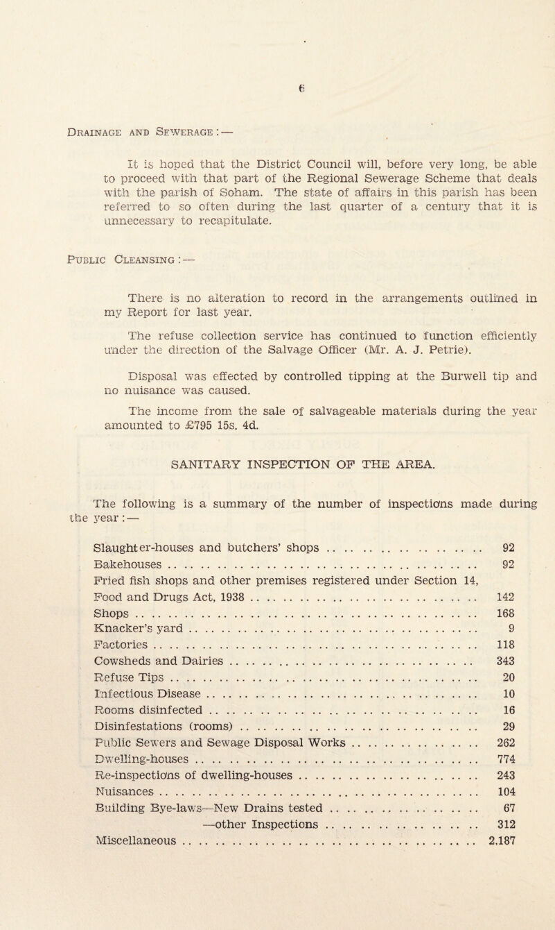 Drainage and Sewerage : — It is hoped that the District Council will, before very long, be able to proceed with that part of the Regional Sewerage Scheme that deals with the parish of Soham. The state of affairs in this parish has been referred to so often during the last quarter of a century that it is unnecessary to recapitulate. Public Cleansing : — There is no alteration to record in the arrangements outlined in my Report for last year. The refuse collection service has continued to function efficiently under the direction of the Salvage Officer (Mr. A. J. Petrie). Disposal was effected by controlled tipping at the Burwell tip and no nuisance was caused. The income from the sale of salvageable materials during the year amounted to £795 15s. 4d. SANITARY INSPECTION OP THE AREA. The following is a summary of the number of inspections made during the year:— Slaughter-houses and butchers’ shops. 92 Bakehouses. 92 Pried fish shops and other premises registered under Section 14, Pood and Drugs Act, 1938 . 142 Shops. 168 Knacker’s yard. 9 Factories. 118 Cowsheds and Dairies. 343 Refuse Tips. 20 Infectious Disease. 10 Rooms disinfected. 16 Disinfestations (rooms). 29 Public Sewers and Sewage Disposal Works. 262 Dwelling-houses. 774 Re-inspections of dwelling-houses. 243 Nuisances. 104 Building Bye-laws—New Drains tested. 67 —other Inspections. 312 Miscellaneous. 2,187