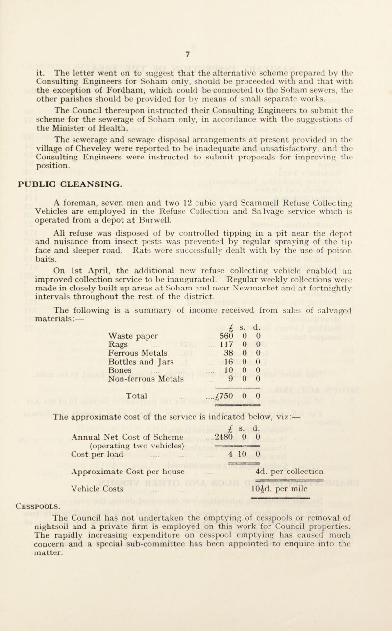 it. The letter went on to suggest that the alternative scheme prepared by the Consulting Engineers for Soham only, should be proceeded with and that with the exception of Fordham, which could be connected to the Soham sewers, the other parishes should be provided for by means of small separate works. The Council thereupon instructed their Consulting Engineers to submit the scheme for the sewerage of Soham only, in accordance with the suggestions of the Minister of Health. The sewerage and sewage disposal arrangements at present provided in the village of Cheveley were reported to be inadequate and unsatisfactory, and the Consulting Engineers were instructed to submit proposals for improving the position. PUBLIC CLEANSING. A foreman, seven men and two 12 cubic yard Scammell Refuse Collecting Vehicles are employed in the Refuse Collection and Salvage service which is operated from a depot at Burwell. All refuse was disposed of by controlled tipping in a pit near the depot and nuisance from insect pests was prevented by regular spraying of the tip face and sleeper road. Rats were successfully dealt with by the use of poison baits. On 1st April, the additional new refuse collecting vehicle enabled an improved collection service to be inaugurated. Regular weekly collections were made in closely built up areas at Soham and near Newmarket and at fortnightly intervals throughout the rest of the district. The following is a summary of income received from sales of salvaged materials:— £ s. d. Waste paper 560 0 0 Rags 117 0 0 Ferrous Metals 38 0 0 Bottles and Jars 16 0 0 Bones .... 10 0 0 Non-ferrous Metals .... 9 0 0 Total ....^750 0 0 The approximate cost of the service is indicated below, viz:— £ s. d. Annual Net Cost of Scheme 2480 0 0 (operating two vehicles) Cost per load 4 10 0 Approximate Cost per house 4d. per collection Vehicle Costs ... 10|-d. per mile Cesspools. The Council has not undertaken the emptying of cesspools or removal of nightsoil and a private firm is employed on this work for Council properties. The rapidly increasing expenditure on cesspool emptying has caused much concern and a special sub-committee has been appointed to enquire into the matter.
