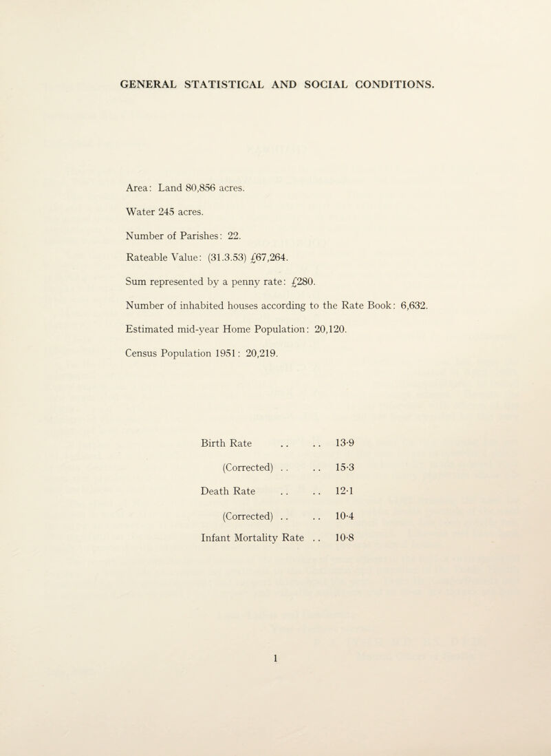 GENERAL STATISTICAL AND SOCIAL CONDITIONS. Area: Land 80,856 acres. Water 245 acres. Number of Parishes: 22. Rateable Value: (31.3.53) £67,264. Sum represented by a penny rate: £280. Number of inhabited houses according to the Rate Book: 6,632. Estimated mid-year Home Population: 20,120. Census Population 1951: 20,219. Birth Rate .. .. 13-9 (Corrected) . . .. 15-3 Death Rate .. .. 12-1 (Corrected) .. . . 10-4 Infant Mortality Rate . . 10-8