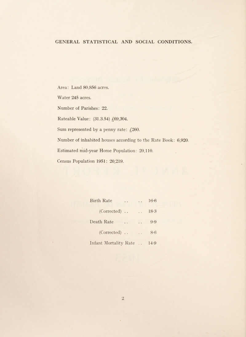 GENERAL STATISTICAL AND SOCIAL CONDITIONS. Area: Land 80,856 acres. Water 245 acres. Number of Parishes: 22. Rateable Value: (31.3.54) £69,304. Sum represented by a penny rate: £260. Number of inhabited houses according to the Rate Book: 6,920 = * Estimated mid-year Home Population: 20,110. Census Population 1951: 20,219. Birth Rate . . . . 16-6 (Corrected) . . . . 18-3 Death Rate .. . . 9*9 (Corrected) . . . . 8-6 Infant Mortality Rate . . 14-9