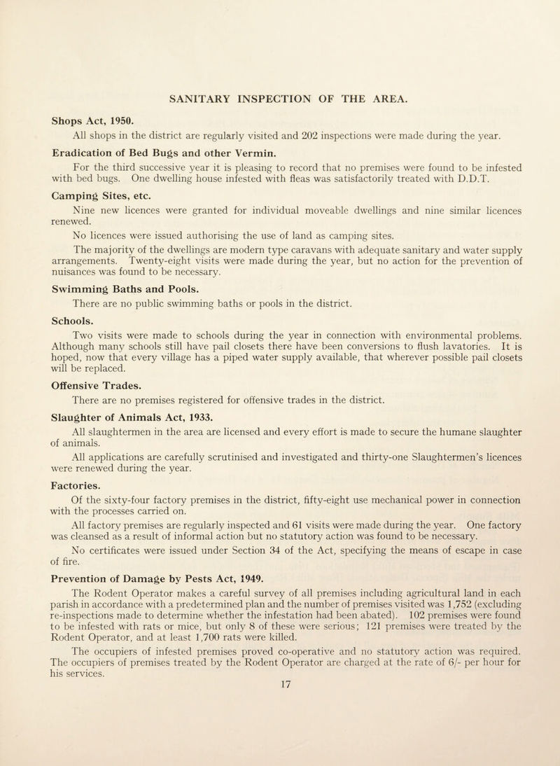 SANITARY INSPECTION OF THE AREA. Shops Act, 1950. All shops in the district are regularly visited and 202 inspections were made during the year. Eradication of Bed Bugs and other Vermin. For the third successive year it is pleasing to record that no premises were found to be infested with bed bugs. One dwelling house infested with fleas was satisfactorily treated with D.D.T. Camping Sites, etc. Nine new licences were granted for individual moveable dwellings and nine similar licences renewed. No licences were issued authorising the use of land as camping sites. The majority of the dwellings are modern type caravans with adequate sanitary and water supply arrangements. Twenty-eight visits were made during the year, but no action for the prevention of nuisances was found to be necessary. Swimming Baths and Pools. There are no public swimming baths or pools in the district. Schools. Two visits were made to schools during the year in connection with environmental problems. Although many schools still have pail closets there have been conversions to flush lavatories. It is hoped, now that every village has a piped water supply available, that wherever possible pail closets will be replaced. Offensive Trades. There are no premises registered for offensive trades in the district. Slaughter of Animals Act, 1933. All slaughtermen in the area are licensed and every effort is made to secure the humane slaughter of animals. All applications are carefully scrutinised and investigated and thirty-one Slaughtermen’s licences were renewed during the year. Factories. Of the sixty-four factory premises in the district, fifty-eight use mechanical power in connection with the processes carried on. All factory premises are regularly inspected and 61 visits were made during the year. One factory was cleansed as a result of informal action but no statutory action was found to be necessary. No certificates were issued under Section 34 of the Act, specifying the means of escape in case of fire. Prevention of Damage by Pests Act, 1949. The Rodent Operator makes a careful survey of all premises including agricultural land in each parish in accordance with a predetermined plan and the number of premises visited was 1,752 (excluding re-inspections made to determine whether the infestation had been abated). 102 premises were found to be infested with rats or mice, but only 8 of these were serious; 121 premises were treated by the Rodent Operator, and at least 1,700 rats were killed. The occupiers of infested premises proved co-operative and no statutory action was required. The occupiers of premises treated by the Rodent Operator are charged at the rate of 6/- per hour for his services.