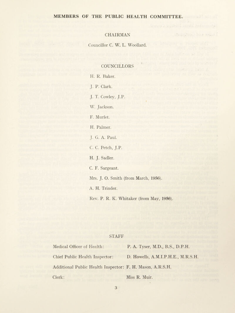 MEMBERS OF THE PUBLIC HEALTH COMMITTEE. CHAIRMAN Councillor C. W. L. Woollard. COUNCILLORS H. R. Baker. J. P. Clark. J. T. Cowley, J.P. W. Jackson. F. Murfet. H. Palmer. J. G. A. Paul. C. C. Petch, J.P. H. J. Sadler. C. F. Sargeant. Mrs. J. O. Smith (from March, 1956). A. H. Trinder. Rev. P. R. K. Whitaker (from May, 1956). STAFF Medical Officer of Health: P. A. Tyser, M.D., B.S., D.P.H. Chief Public Health Inspector: D. Howells, A.M.I.P.H.E., M.R.S.H Additional Public Health Inspector: F. H. Mason, A.R.S.H. Clerk: Miss R. Muir.