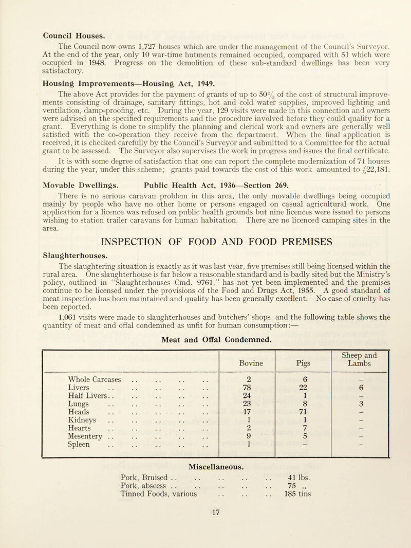 Council Houses. The Council now owns 1,727 houses which are under the management of the Council’s Surveyor. At the end of the year, only 10 war-time hutments remained occupied, compared with 51 which were occupied in 1948. Progress on the demolition of these sub-standard dwellings has been very satisfactory. Housing Improvements—Housing Act, 1949. The above Act provides for the payment of grants of up to 50% of the cost of structural improve¬ ments consisting of drainage, sanitary fittings, hot and cold water supplies, improved lighting and ventilation, damp-proofing, etc. During the year, 129 visits were made in this connection and owners were advised on the specified requirements and the procedure involved before they could qualify for a grant. Everything is done to simplify the planning and clerical work and owners are generally well satisfied with the co-operation they receive from the department. When the final application is received, it is checked carefully by the Council’s Surveyor and submitted to a Committee for the actual grant to be assessed. The Surveyor also supervises the work in progress and issues the final certificate. It is with some degree of satisfaction that one can report the complete modernization of 71 houses during the year, under this scheme; grants paid towards the cost of this work amounted to £22,181. Movable Dwellings. Public Health Act, 1936—Section 269. There is no serious caravan problem in this area, the only movable dwellings being occupied mainly by people who have no other home or persons engaged on casual agricultural work. One application for a licence was refused on public health grounds but nine licences were issued to persons wishing to station trailer caravans for human habitation. There are no licenced camping sites in the area. INSPECTION OF FOOD AND FOOD PREMISES Slaughterhouses. The slaughtering situation is exactly as it was last year, five premises still being licensed within the rural area. One slaughterhouse is far below a reasonable standard and is badly sited but the Ministry’s policy, outlined in Slaughterhouses Cmd. 9761,” has not yet been implemented and the premises continue to be licensed under the provisions of the Food and Drugs Act, 1955. A good standard of meat inspection has been maintained and quality has been generally excellent. No case of cruelty has been reported. 1,061 visits were made to slaughterhouses and butchers’ shops and the following table shows the quantity of meat and offal condemned as unfit for human consumption:— Meat and Offal Condemned. Bovine Pigs Sheep and Lambs Whole Carcases 2 6 _ Livers 78 22 6 Half Livers.. 24 1 — Lungs 23 8 3 Heads . . .. .. 17 71 — Kidneys 1 1 — Hearts 2 7 — Mesentery .. 9 5 — Spleen 1  Miscellaneous. Pork, Bruised . . . . . . . . . . 41 lbs. Pork, abscess .. .. .. .. .. 75 ,, Tinned Foods, various . . . . . . 185 tins