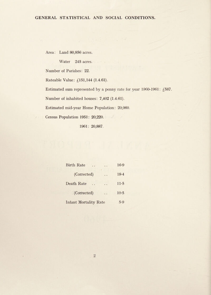 GENERAL STATISTICAL AND SOCIAL CONDITIONS. Area: Land 80,856 acres. Water 245 acres. Number of Parishes: 22. Rateable Value: £151,144 (1.4.61). Estimated sum represented by a penny rate for year 1960-1961: £587. Number of inhabited houses: 7,402 (1.4.61). Estimated mid-year Home Population: 20,060. Census Population 1951: 20,220. 1961: 20,887. Birth Rate 16-9 (Corrected) 18-4 Death Rate 11-5 (Corrected) 10-5 Infant Mortality Rate 5-9
