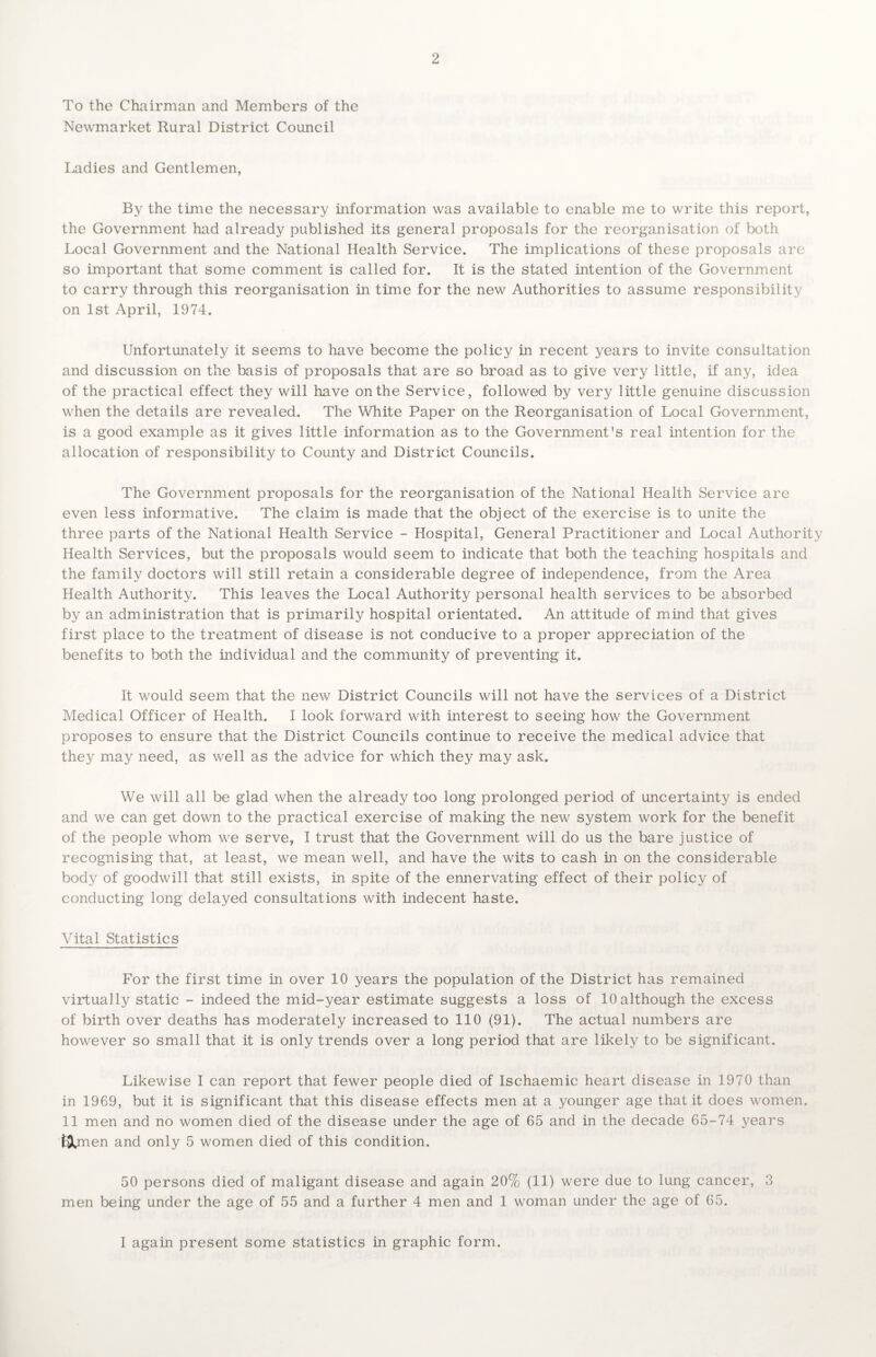 To the Chairman and Members of the Newmarket Rural District Council 2 Ladies and Gentlemen, By the time the necessary information was available to enable me to write this report, the Government had already published its general proposals for the reorganisation of both Local Government and the National Health Service. The implications of these proposals are so important that some comment is called for. It is the stated intention of the Government to carry through this reorganisation in time for the new Authorities to assume responsibility on 1st April, 1974. Unfortunately it seems to have become the policy in recent years to invite consultation and discussion on the basis of proposals that are so broad as to give very little, if any, idea of the practical effect they will have on the Service, followed by very little genuine discussion when the details are revealed. The White Paper on the Reorganisation of Local Government, is a good example as it gives little information as to the Government's real intention for the allocation of responsibility to County and District Councils. The Government proposals for the reorganisation of the National Health Service are even less informative. The claim is made that the object of the exercise is to unite the three parts of the National Health Service - Hospital, General Practitioner and Local Authority Health Services, but the proposals would seem to indicate that both the teaching hospitals and the family doctors will still retain a considerable degree of independence, from the Area Health Authority. This leaves the Local Authority personal health services to be absorbed by an administration that is primarily hospital orientated. An attitude of mind that gives first place to the treatment of disease is not conducive to a proper appreciation of the benefits to both the individual and the community of preventing it. It would seem that the new District Councils will not have the services of a District Medical Officer of Health. I look forward with interest to seeing how the Government proposes to ensure that the District Councils continue to receive the medical advice that they may need, as well as the advice for which they may ask. We will all be glad when the already too long prolonged period of uncertainty is ended and we can get down to the practical exercise of making the new system work for the benefit of the people whom we serve, I trust that the Government will do us the bare justice of recognising that, at least, we mean well, and have the wits to cash in on the considerable body of goodwill that still exists, in spite of the ennervating effect of their policy of conducting long delayed consultations with indecent haste. Vital Statistics For the first time in over 10 years the population of the District has remained virtually static - indeed the mid-year estimate suggests a loss of 10 although the excess of birth over deaths has moderately increased to 110 (91). The actual numbers are however so small that it is only trends over a long period that are likely to be significant. Likewise I can report that fewer people died of Ischaemic heart disease in 1970 than in 1969, but it is significant that this disease effects men at a younger age that it does women. 11 men and no women died of the disease under the age of 65 and in the decade 65-74 years fcppnen and only 5 women died of this condition. 50 persons died of maligant disease and again 20% (11) were due to lung cancer, 3 men being under the age of 55 and a further 4 men and 1 woman under the age of 65.