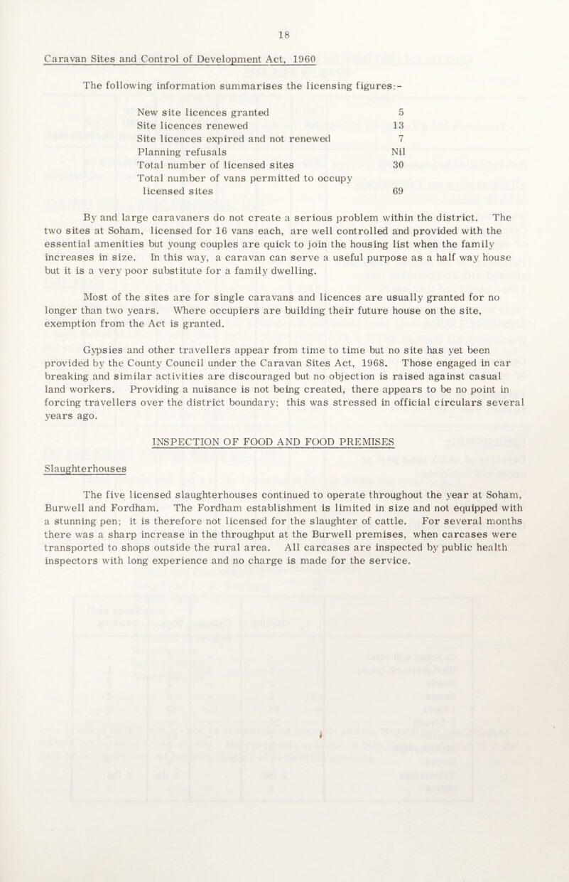 Caravan Sites and Control of Development Act, 1960 The following information summarises the licensing figures:- New site licences granted 5 Site licences renewed 13 Site licences expired and not renewed 7 Planning refusals Nil Total number of licensed sites 30 Total number of vans permitted to occupy licensed sites 69 By and large caravaners do not create a serious problem within the district. The two sites at Soham, licensed for 16 vans each, are well controlled and provided with the essential amenities but young couples are quick to join the housing list when the family increases in size. In this way, a caravan can serve a useful purpose as a half way house but it is a very poor substitute for a family dwelling. Most of the sites are for single caravans and licences are usually granted for no longer than two years. Where occupiers are building their future house on the site, exemption from the Act is granted. Gypsies and other travellers appear from time to time but no site has yet been provided by the County Council under the Caravan Sites Act, 1968. Those engaged in car breaking and similar activities are discouraged but no objection is raised against casual land workers. Providing a nuisance is not being created, there appears to be no point in forcing travellers over the district boundary; this was stressed in official circulars several years ago. INSPECTION OF FOOD AND FOOD PREMISES Slaughterhouses The five licensed slaughterhouses continued to operate throughout the year at Soham, Burwell and Fordham. The Fordham establishment is limited in size and not equipped with a stunning pen; it is therefore not licensed for the slaughter of cattle. For several months there was a sharp increase in the throughput at the Burwell premises, when carcases were transported to shops outside the rural area. All carcases are inspected by public health inspectors with long experience and no charge is made for the service.