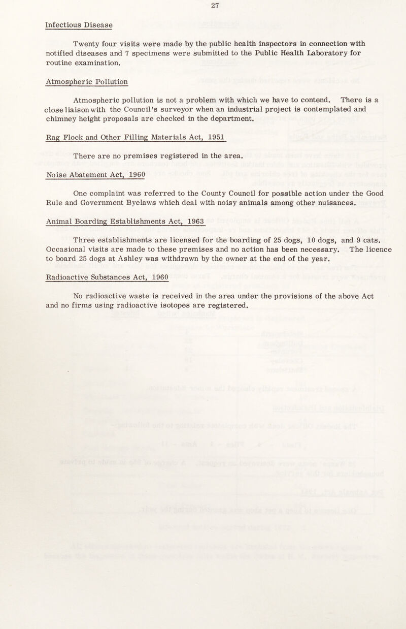 Infectious Disease Twenty four visits were made by the public health inspectors in connection with notified diseases and 7 specimens were submitted to the Public Health Laboratory for routine examination. Atmospheric Pollution Atmospheric pollution is not a problem with which we have to contend. There is a close liaison with the Council’s surveyor when an industrial project is contemplated and chimney height proposals are checked in the department. Rag Flock and Other Filling Materials Act, 1951 There are no premises registered in the area. Noise Abatement Act, 1960 One complaint was referred to the County Council for possible action under the Good Rule and Government Byelaws which deal with noisy animals among other nuisances. Animal Boarding Establishments Act, 1963 Three establishments are licensed for the boarding of 25 dogs, 10 dogs, and 9 cats. Occasional visits are made to these premises and no action has been necessary. The licence to board 25 dogs at Ashley was withdrawn by the owner at the end of the year. Radioactive Substances Act, 1960 No radioactive waste is received in the area under the provisions of the above Act and no firms using radioactive isotopes are registered.
