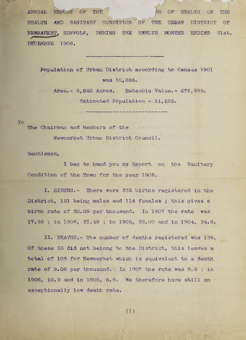 ANNUAL REPORT OF THE £R OF HEALTH ON THE HEALTH AND SANITARY CONDITION OF THE URBAN DISTRICT OF NEWMARKET, SUFFOLK, DURING THE TWELVE MONTHS ENDING 31st. DECEMBER 1908. Population of Urban District according to Census 1901 was 10,686. Area. - 5,640 Acres. Rateable Value.- £78,595. Estimated Population - 11,695. The Chairman and Members oT the Newmarket Urban District Council. Gentlemen, I beg to hand you my Report on the Sanitary Condition of the Town for the year 1908. I. BIRTHS.- There were 235 births registered in the District, 121 being males and 114 females ; this gives a birth rate of 20.09 per thousand. In 1907 the rate was 17.56 ; in 1906, 21.48 ; in 1905, 22.00 and in 1904, 24.6. II. DEATHS,- Hie number of deaths registered was 139. Of these 33 did not belong to the District, this leaves a total of 106 for Newmarket which is equivalent to a death rate of 9.06 per thousand. In 1907 the rate was 9.8 : in 1906, 10.3 .and in 1905, 8.9. We therefore have still an exceptionally low death rate.