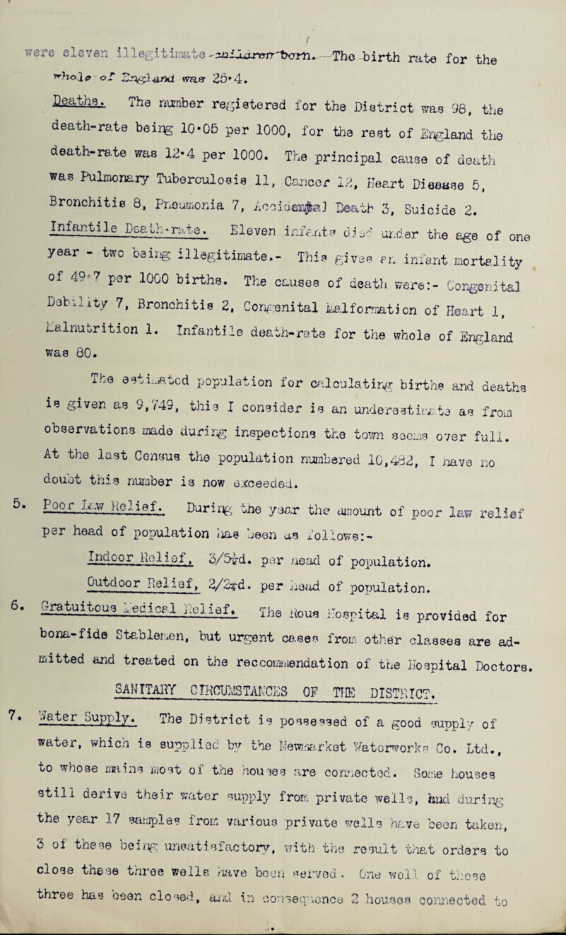 ere eleven illegUiniate-ioiijrBrr-tyorn. -The birth rate for the number re.'-ietered for the District was 96, the death-rate beir« 10-05 per 1000, for the rest of England the death-rste was 12-4 per 1000. The principal cause of death was Pulmonaiy Tuberculosis 11, fencer 12, Heart Dieease 5, Bronchitis 8, Pneumonia 7, AceiaoEijlia) Death 2, Suicide 2. Infantile Dcath-nd,e. Eleven inifnts ciec ur.dar the age of one year - two bei.jg illegitioiate.- This gives er. infant mortality of 49-7 per 1000 births. The causes of death were:- Congenital Dob-.lity 7, Bronchitis 2, Corvrenital malforrration of Heart 1, malnutrition 1. Infantile death-rate for the whole of England was 80. Th.6 population for calculatin^r birthe and deaths 18 given as 9,749, this I consider is an underestir.-;to as froin observations mdo duriri^- inspections the town S3c:i]s over full. At the .last Census the population numbered 10,482, I irnve no doubt this number is now ejcceeded. ^p_r Duriiip; the year the ainount of poor law relief per head of population lias been as fol'iows:- Iridoor Hoi iof, 3/5vd. per uead of population. Outdoor belief, 2/2td, per horid of population. ^eaical i:elief. ppe nous hospital is provided for bona-fide Stablemen, but urgent cases froir. othe'r classes are ad¬ mitted and treated on the reccomiiiendation of the Hospital Doctors. SANITARY CTHCU^viSTAKCES OF TIE DISTRICT. 8.ater Supply. The District is possessed of a good supply of water, which is supplied b^r the Newirifirket t^terworks Co. Ltd., to whose mins most of the hou'^es are cori'iectod. Some houses still derive their water supply from private wells, hud durin^^ the year 17 samples from various private wells }iLve been ttiken, 3 ol these beii-)^-^ unsatisfactory, v/ith the result that orders to close these throe wells /mve been served . One well of t;:cse