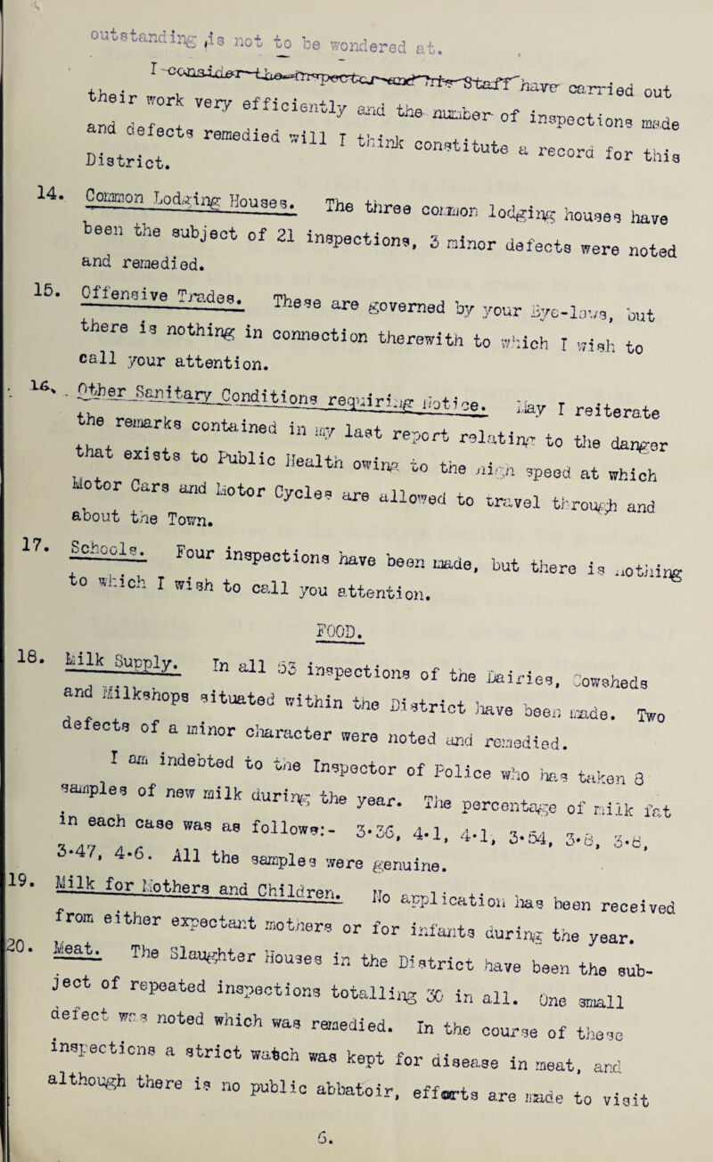out.,tandiiOg ,^3 j^ot be wondered at. ' their ce,rried out and r  -- t.he nur.ber- of inspections .ade cLnd aelectg remedied will t i M.trlot. '* '»r ti.I. 14- paon M,l,y n„.„, jj, b.... tb. 21 i„,p.«,„., 3 and remedied. 15. Offeneive Tj''^dea. T'‘h/an^ -^^ These are governed by your Byo-laus, but there is nothing in conjieotion therewith to which I wish to call your attention. “■;•“'■ ■ “■ - port „l.t,b, 1, «.. bW „..t. „ «i,3 „„ip3 U t.r P„ i„„p 2,„i„ about tne ToT/n. 17. po^ Four inepectione have been rvide, but there is .otin:^ to which r wish to call you attention. food. be. iiil^ In nil .» „i i„, •r.^ ,mi.,„,p. .iini, .teot, «f , ol«„,cl„ ,„e noted „o»dIod. I on. Indobloa to ti,o In.p.otor ot Police .io )», tnkon 8 saiiipleg of new milk durirv- the vanr n' urijK, one year, me percentage of milk fat in each case was as follow,:- 3.35, 4.I, 4.1, s-iM, 3-8 ..8 S-47. 4.6. All the samples were genuine. ^Ik for mothers and Onildrotn [Jq application lias been received rom either expectant mother.s or for infants durii^r the year. The Slau^^ter Houses in the District have been the sub¬ ject of repeated inspections totelliipg in all. One small aeiect WoOs noted which was remedied. In the course of those inspections a strict watch was kept for disease in .-neat, and althou^^h there i.? no public abbifm*v- 4. P u-Lic a,DDato.ir, efforts are liiade to visit 6.