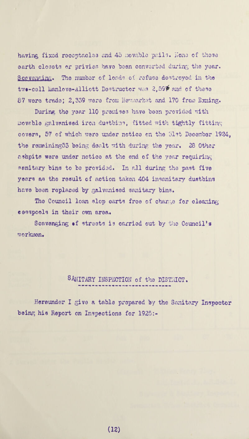 having fixed receptacles end 45 movable pr.lls. Hone of those oarth closets or privies have been converted during t)ie year. Scavenging. The number of lords of refuse destroyed in the twt-coll kanlovo-Alliott Destructor was 2,5 and of theso 87 were trade; 2,539 were from liew.market and 170 from Sxning. During the year 110 promises have boon provided with movable galvenioed iron dustbins, fitted with tightly fitting covers, 57 of which were under notice on the 31st December 1924, the remaining3 being dealt with during: the year. 28 Other ashpits were under notice at the end of the year requiring sanitary bine to be provided. In all during the past five years as the result of action taken 404 insanitary dustbins have been roplaced by galvanised sanitary bins. The Council loan slop carts free of charge for cleaning cesspools in their own area. Scavenging sf streets is carried out by the Council*3 workmen. SAj'lITARY INSPECTION of tha DISTIiICT. Hereunder I give a table prepared by the Sanitary Inspector being his Report on Inspections for 1925:- (12)