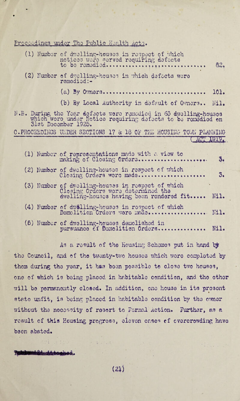 Proceedings under Tho Public Health 491:-. (1) Number of dwolling-housos in respect of which notices wofo served requiring defects to bo remedied.,. 82* (2) Number of d^clling-housoo in which defects wore romodiod: - ' (a) By Owners........... 101. (b) By Local Authority in default of Owners*. Nil. N.B. During the Year defects wore remedied in 65 dwelling-houses which wore under Notice requiring defects to bo romodiod ©n 31st Docombor 1925. C.PROCEEDINGS UNDER SECTIONS 17 & 18- QF THE HOUSING TO;/K PLANNING ---,- (1) Number of representations made with a view to making of Closing Orders.. 3# (2) Number of dwelling-houses in respect of which Closing Orders wore made.... 3. (3) Number of dwelling-houses in respect of which Closing Orders wore determined the dwelling-houses having been rendered fit..... Nil. (4) Number of dw$lling-hou3es in rospect of which Demolition' Orders wero made.. Nil. (5) Number of dwelling-houses demolished in pursuance cf Demolition Orders.. Nil. As a result of the Housing Schemes put in hand bjr tho Council, and of tho twenty-two houses which wore completed by thorn during the year, it has boon possible t© close two houses, one of which is being placed in habitable condition, and the other will bo permanently closed. In addition, one house in its prosont state unfit, is being placed in habitable condition by tho owner without the nocessity of resort to Formal Action. Further, as a result of this Housing progress, olevon case** rf overcrowding have been abated. (21)