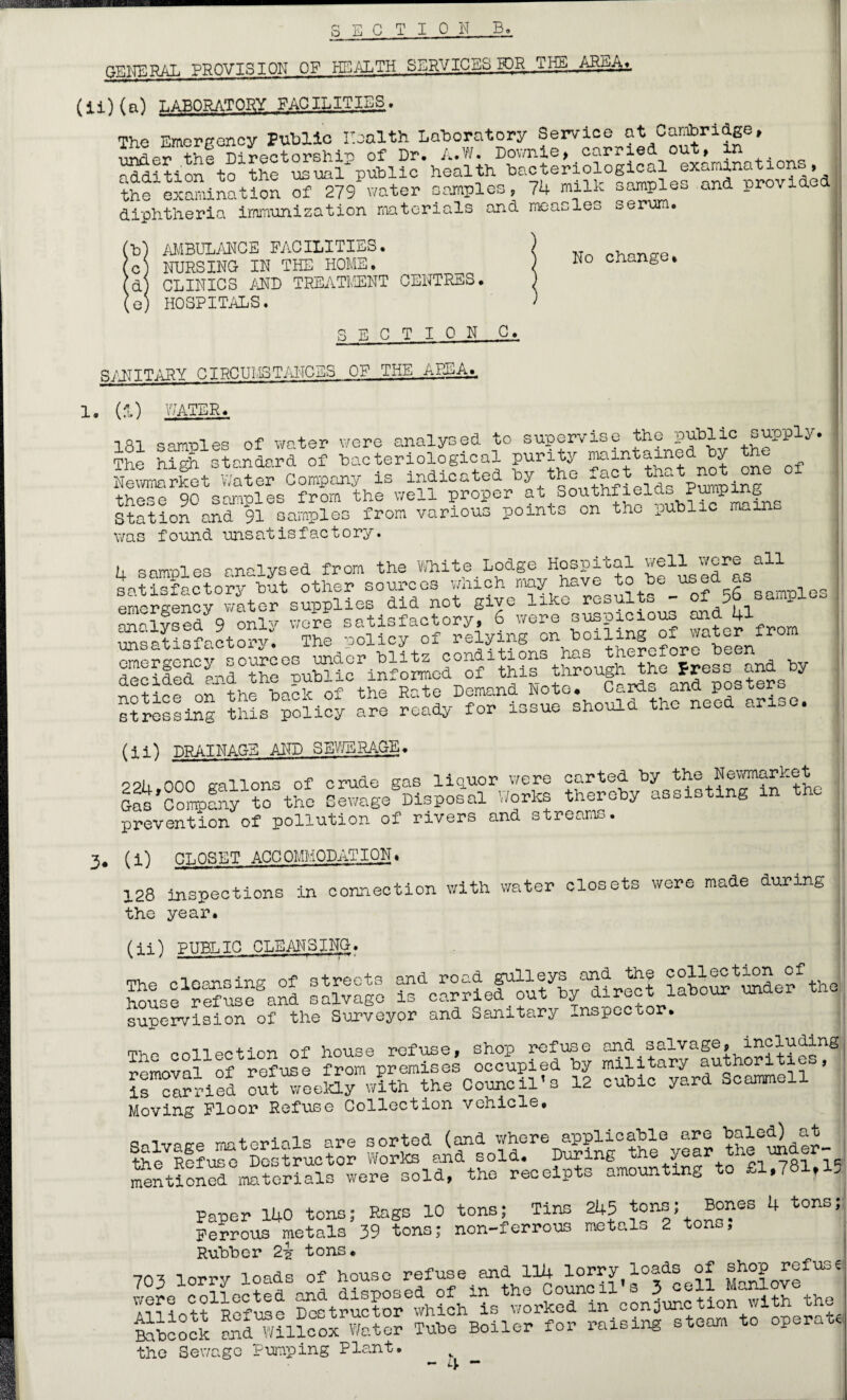 s •ACTION B, GENERAL PROVISION OF HEALTH SERVICES K)R THE AREA.. (ii) (a) LABORATORY FACILITIES» The Emergency Public Health Laboratory Service at Cambridge, irnder the Directorship of Dr. A.W. Downte, carried out, in addition to the usualpublic health bacteriological examinations, the examination of 279 water samples, 74 milk samples and provided diphtheria immunization materials and measles serum. No change* fb) AMBULANCE FACILITIES, c) NURSING- IN THE HOME. ’d) CLINICS AND TREATMENT CENTRES. >) HOSPITALS. SECTION C. SANITARY CIRCUMSTANCES OF THE AREA., 1. (1) WATER. 181 samples of water were analysed to supervise the public supply. The high standard of bacteriological purity maintained by the Newmarket Water Company is indicated by the fact that not one of these 90 samples from the well proper at Southfieido .f^ p | Station and 91 samples from various points on tho public main was found unsatisfactory. ii L samples analysed from the White Lodge Hospital well were all satisfactory but other sources which may have to be used *s emergency water supplies did not give like resulto - of 56 -ml -it itiiTt rasars (ii) DRAINAGE AND SEWERAGE. 9?h 000 era lions of crude gas liquor were carted by the Newmarket Gad'Company^to the Gewage^isposll Works thereby assisting in the prevention of pollution of rivers and streamo. 3. (i) CLOSET ACCOMMODATION. 128 inspections in connection with water closets were made during the year. (ii) PUBLIC CLEANSING. ^se“segand savage tfcarrief V&4ct : laboS mSef the j supervision of the Surveyor and Sanitary inspector. The collection of house refuse, shop refuse ^^l^yf^^ities8! r>pfnRe from premises occupied by military auuior , ifclrriei outTeeSy with the Council's 12 cubic yard Scammell Moving Floor Refuse Collection vehicle, thflfl^DoMructOT lortedanrsoldIreD^ing°theyear the^der- mentioned°matorials were sold, the receipts amounting to £1.781,15 Paper 140 tons; Eags 10 tons; Tins 245 tons; Bones 4 tons; Ferrous metals 39 tons; non-ierrous mstals 2 ton,., Rubber 2^ tons. 703 lorry loads of house refuse and 114 lorry loads of ^refuse ^t^lhich^^orSSTtoeSnJ^So^th the I tobcock “ncox Water Tube Boiler for raising a team to operate the Sewage Pumping Plant.