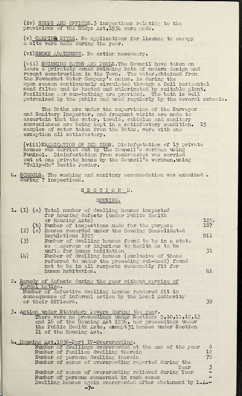 (iv) SHOPS AND OFFICES.5 inspections relating to the provisions of the Shops Act,1934 were nr.de, (v) CAMPIN& SITES. No applications for licence to occupy a site were made during the year* (v i) SMOKE ABATEMENT. No action necessary, (vii) SWIMMING BATHS AND POOLS.The Council have taken on lease a privately owned swimming hath of modern design and recent construction in the Town, The water,obtained from the Newmarket Water Company’s mains, is during the open season continuously circulated through a Dell horizontal sand filter and is heated and chlorinated by suitable plant. Facilities ior sun-bathing are provided. The bath is well patronised by the public and used regularly by the several schools. The Baths are under the supervision of the Surveyor and Sanitary Inspector, and frequent visits are ma.de to ascertain that the water, towels, cubicles and sanitary conveniences are being kept in a satisfactory condition, 15 samples of water taken from the Baths, were with one exception all satisfactory. (viii)ERADICATION OF BED BUGS. Disinfestation of 15 private houses was 'carried out by the Council’s workmen using Fuminol. Disinfestation from cockroaches was carried out at one private house by the Council’s workmen,using ’'Tally-Ho1' Beetle Powder, 4* SCHOOLS. The washing and sanitary accommodation was examined ^ during 7 inspections. SECTION D. HOUSING. Total number of dwelling houses inspected for housing defects (under Public Health or Housing Acts) Number of inspections made for the purpose Houses recorded under the Housing Consolidated Regulations 1925 Number of dwelling houses found to be in a state so dangerous or injurious to health as to be unfit for human habitation Number of dwelling houses (exclusive of those referred to under the preceding sub-head) found not to be in all respects reasonably fit for human habitation. 2, Remedy of defects during the year without service of ’formal ncticc.~' Number of defective dwelling houses rendered fit in consequence of informal action by the Local Authority or their Officers. 3. Action under Statutory Powers during the year. There were no proceedings under Sections 9>10,11,12,13 and 16 of the Housing Act 1936, nor proceedings under the Public Health Acts, except31 houses under Section 11 of the Housing Act. 4« Housing Act ,1936-Part IV-Overcrowding. Number of dwellings overcrowded at the end of the year 8 Number of families dwelling therein 12 Number of persons dwelling therein 72 Number of cases of overcrowding reported during the Year 3 Number of cases of overcrowding relieved during Year - Number of persons concerned in such cases - Dwelling houses again overcrowded after abatement by L,A*~ -7- 125. 187 Nil 31 41 39 1. (1) (a) (2) Si (3) (k)