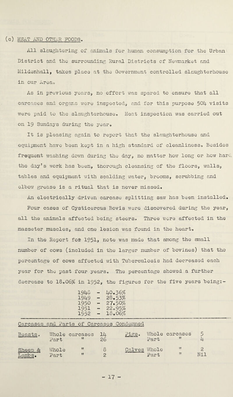 (c) MBRT AND OTHLR FOODS. All slaughtering of animals for human consumption for the Urban District and the surrounding Rural Districts of Newmarket and Mildenhall, takes place at the Government controlled slaughterhouse in our Area0 As in previous years, no effort was spared to ensure that all carcases and organs were inspected, and for this purpose 504 visits were paid to the slaughterhousee Meat inspection was carried out on 19 Sundays during the year® It is pleasing again to report that the slaughterhouse and equipment have been kept in a high standard of cleanliness® Besides frequent washing down during the day, no matter how long or how hard the day’s work has been, thorough cleansing of the floors, walls, tables and equipment with scalding water, brooms, scrubbing and elbow grease is a ritual that is never missed* An electrically driven carcase splitting saw has been installed* Pour cases of Cysticercus Bovis were discovered during the year, all the animals affected being steers.. Three were affected in the masseter muscles, and one lesion was found in the heart® In the Report for 1951? note was made that among the small number of cows (included in the larger number of bovines) that the percentage of cows affected with Tuberculosis had decreased each year for the past four years* The percentage showed a further decrease to 18.06% in 1952, the figures for the five years being:- 1948 - 40*36% 1949 ~ 28.53% 1950 - 27.50% 1951 - 22.95% 1952 - 18*06% Carcases and Parts of Carcases Condemned Beasts* Whole carcases 14 Pigs. Whole carcases c Part It 26 Part it 4 Sheen & Whole It 8 Calves Whole it 2 Lambs* Part It 2 Part it Nil - 17 ~