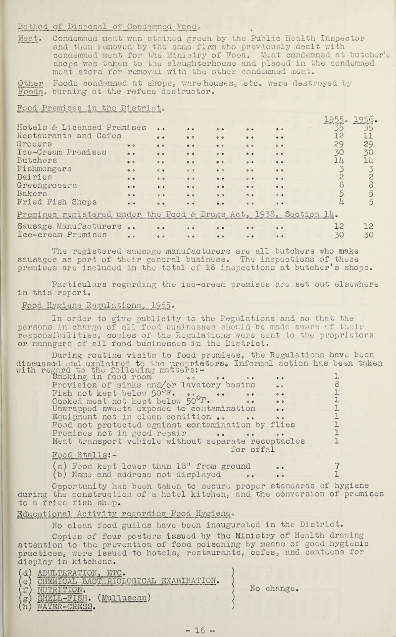 Methpd of Disposal of Condemned Feed* Meat. Condemned meat was stained green by the Public Health Inspector and then removed by the same firm who previously dealt with condemned meat for the Ministry of Pood* Meat condemned at butcher's shops was taken to the slaughterhouse and placed in the condemned meat store for removal with the other condemned moat* Other Foods condemned at shops, warehouses, etc. were destroyed by Foods * burning at the refuse destructor. Food Premises in the Di.strj.cte o © « * c o 9 O Hotels & Licensed Premises Restaurants and Cafes Grocers .0 Ice-Cream Premises .. Butchers ., Fishmongers 0. Dairies Greengrocers Bakers Fried Fish Shops Premises registered under the .Food & Drugs Act Sausage Manufacturers ., Ice-cream Premises « « © e © <i> © 9 (I 9 O 3 9 9 e v •* 9 e 9 O C € C © o O • © © « rt © ♦ O o « O O 6 c o © o * o o » O ® o • € * © C 35 12 29 30 14 3 2 8 5 b 1938o_Section 14 © * « © 12 30 1256. 35 11 29 30 14 3 2 8 5 5 12 30 The registered sausage manufacturers are all butchers who make sausages as part of their general business. The inspections of these premises are included in the total cf 18 inspections at butcher’s shops. f Particulars regarding the ice-cream premises are set out elsewhere in this report. Food Hygiene Regulations.; 1955« In order to give publicity to the Regulations and so that the persons in charge of all food businesses should be made aware * f their responsibilities, copies of the Regulations were sent to the proprietors food businesses in the District or managers of all During routine visits to food promises, the Regulations have been discussed and explained to the proprietors® Informal action has been taken with regard to the jfoilowing matters:- o © LG <4 9 o • « o *> C Smoking in food room' Provision of sinks and/or lavatory basin: Fish not kept below 50°F. ®*0 Cooked meat not kept below DO0!7 ■ Unwrapped sweets exposed to contamination Equipment not in clean condition .. Food not protected against contamination by flies Premises not in good repair 0. Meat transport vehicle without separate receptacles „ for offal Food Stalls:- o © n 9 1 8 1 1 1 1 1 1 1 7 1 a) Food kept lower than lo:' from ground b) Name and address not displayed .. Opportunity has been taken to secure proper standards of hygiene during the construction of a hotel kitchen, and the conversion of premises to a fried fish shop. Educational Activity regarding Food Hygiene« No clean food guilds have been inaugurated in the District. Copies of four posters issued by the Ministry of Health drawing attention to the prevention of food poisoning by means of good hygienic practices, were issued to hotels, restaurants, cafes, and canteens for display in kitchens. d) ADULTERATION, ETC. e) CHEMICAL BACTERIOLOGICAL EXAMINATION, f NUTRITION. g) SHELL-FISH. (Mulluscan) h) WATER-CRESS. No change, - 16 -