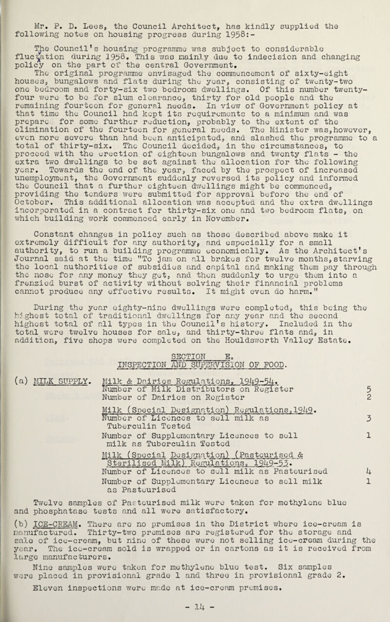 Mr. P. D. Lees, the Council Architect, has kindly supplied the following notes on housing progress during 1958:- Tjqe Council’s housing programme was subject to considerable fluctuation during 1958. This was mainly due to indecision and changing policy on the part of the central Government. The original programme envisaged the commencement of sixty-eight houses, bungalows and flats during the year, consisting of twenty-two one bedroom and forty-six two bedroom dwellings. Of this number twenty- four were to be for slum clearance, thirty for old people and the remaining fourteen for general needs. In view/ of Government policy at that time the Council had kept its requirements to a minimum and was prepare for some further reduction, probably to the extent of the elimination of the fourteen for general needs. The Minister was,however, even more severe than had been anticipated, and slashed the programme to a total of thirty-six. The Council decided, in the circumstances, to proceed with the erection of eighteen bungalows and twenty flats - the extra two dwellings to be set against the allocation for the following year. Towards the end of the year, faced by the prospect of increased unemployment, the Government suddenly reversed its policy and informed the Council that a further eighteen dwellings might be commenced, providing the tenders were submitted for approval before the end of October. This additional allocation was accepted and the extra dwellings incorporated in a contract for thirty-six one and two bedroom flats, on which building work commenced early in November. Constant changes in policy such as those described above make it extremely difficult for any authority, and especially for a small authority, to run a building programme economically. As the Architect's Journal said at the time To jam on all brakes for twelve months,starving the local authorities of subsidies and capital and making them pay through the nose for any money they get, and then suddenly to urge them into a frenzied burst of activity v/ithout solving their financial problems cannot produce any effective results. It might even do harm. During the year eighty-nine dwellings were completed, this being the highest total of traditional dwellings for any year and the second highest total of all types in the Council's history. Included in the total were twelve houses for sale, and thirty-three flats and, in addition, five shops were completed on the Houldsworth Valley Estate. (a) MILK SUPPLY. SECTION E. INSPECTION AND SUPERVISION OF FOOD. Milk & Dairies Regulations, 1949-54. Number of Milk Distributors on Register Number of Dairies on Register Milk (Special Designation) Regulations., 1949. Number of Licences to sell milk as Tuberculin Tested Number of Supplementary Licences to sell milk as Tuberculin Tested Milk (Special Desi Sterilised MilkT Number of Licences to sell milk as Pasteurised Number of Supplementary Licences to sell milk as Pasteurised gnation) (Pasteurised & Regulations. 1949-55. 5 2 3 1 4 1 Twelve samples of Pasteurised milk were taken for methylene blue and phosphatase tests and all were satisfactory. (b) ICE-CREAM. There are no premises in the District where ice-cream is manufactured. Thirty-two premises are registered for the storage and sale of ice-cream, but nine of these were not selling ice-cream during the year. The ice-cream sold is wrapped or in cartons as it is received from large manufacturers. Nine samples were taken for methylene blue test. Six samples were placed in provisional grade 1 and three in provisional grade 2. Eleven inspections were made at ice-cream premises.