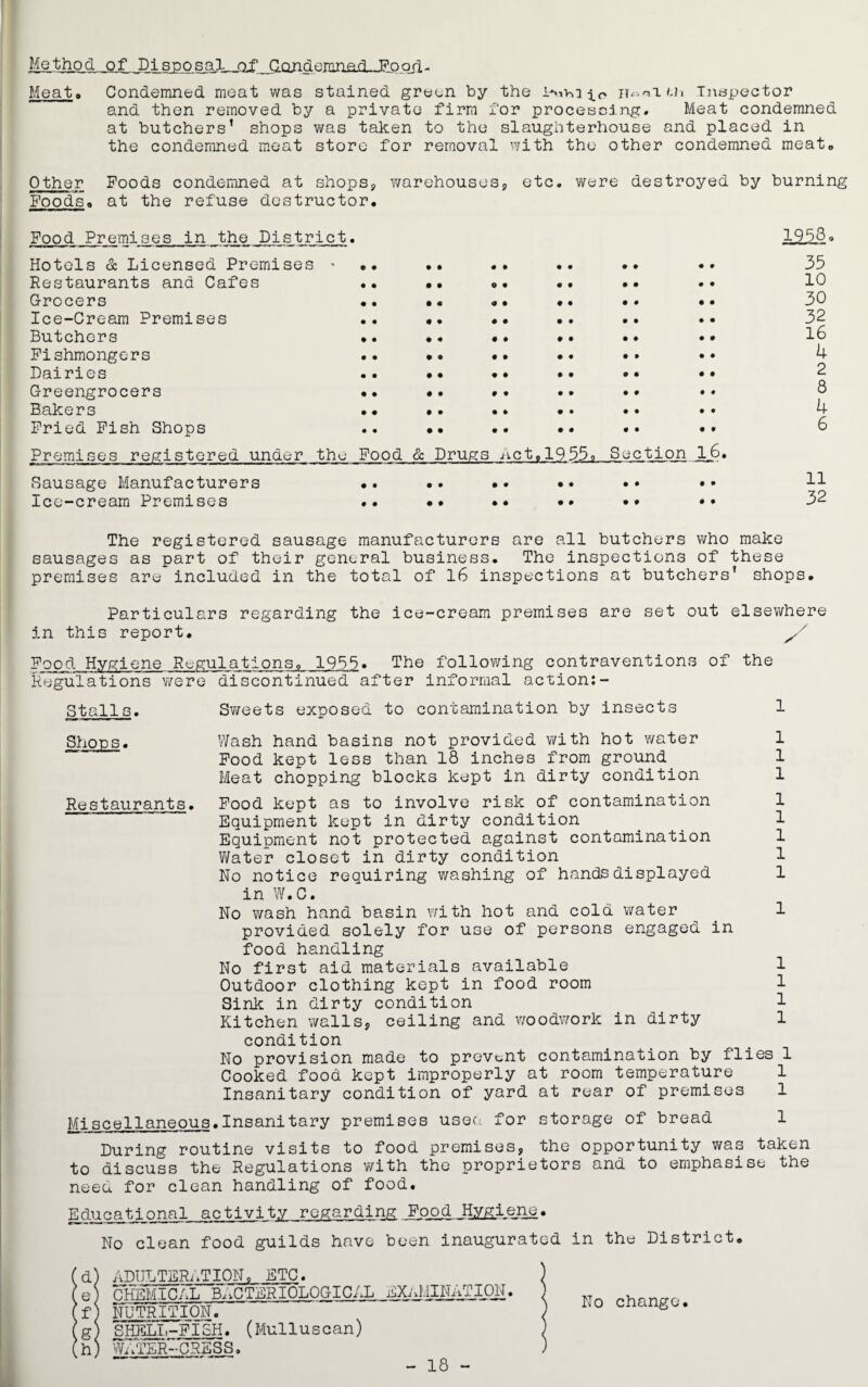 Method of _Disposal_jqjr Condemned—Food- Meat, Condemned meat was stained green by the n^niui Inspector and then removed by a private firm for procescing. Meat condemned at butchers’ shops was taken to the slaughterhouse and placed in the condemned meat store for removal with the other condemned meat. Other Poods condemned at shops, warehouses, etc, were destroyed by burning Foods* at the refuse destructor. Food Premises in the District. Hotels & Licensed Premises •• •• .. .. Restaurants and Cafes •• .. . •. Grocers •• •• «• •• •• •• Ice-Cream Premises .. •• •• .. Butchers •• •• •• .. •* Fishmongers •• •• .. •• •• Dairies •• •• •• •• •• •• Greengrocers •• •• #. .. •• •• Bakers •• •• •* •• •• •• Fried Fish Shops .. •• .. •• •• •• Premises registered under the Food & Drugs .act,1955. Section 16. Sausage Manufacturers •• .. •• •• •• •• Ice-cream Premises •• •• •* •• •• 1958. 35 10 30 32 16 4 2 8 4 6 11 32 The registered sausage manufacturers are all butchers who make sausages as part of their general business. The inspections of these premises are included in the total of 16 inspections at butchers’ shops. Particulars regarding the ice-cream premises are set out elsewhere in this report. Food Hygiene Regulations, 1955. The following contraventions of the Regulations were discontinued after informal action:- Stalls. Si/eets exposed to contamination by insects 1 Shoos. Wash hand basins not provided with hot Y/ater 1 Food kept less than 18 inches from ground 1 Meat chopping blocks kept in dirty condition 1 Restaurants. Food kept as to involve risk of contamination 1 Equipment kept in dirty condition _ _ 1 Equipment not protected against contamination 1 Water closet in dirty condition 1 No notice requiring v/ashing of hands displayed 1 in W.C. No wash hand basin with hot and cold water 1 provided solely for use of persons engaged in food handling No first aid materials available 1 Outdoor clothing kept in food room 1 Sink in dirty condition 1 Kitchen walls, ceiling and woodwork in dirty 1 condition No provision made to prevent contamination by flies 1 Cooked food kept improperly at room temperature 1 Insanitary condition of yard at rear of premises 1 Miscellaneous.Insanitary premises used for storage of bread 1 During routine visits to food premises, the opportunity was taken to discuss the Regulations with the proprietors and to emphasise the need for clean handling of food. Educational activity regarding Food Hygiene. No clean food guilds have been inaugurated in the District. (d) ADULTERATION, ETC. (e) CHEMICAL BACTERIOLOGICAL EXaI.IINAT I ON. (f) NUTRITION. (g) SHELL-FISH. (Mulluscan) (h) WATER-CRESS. No change. - 18 -