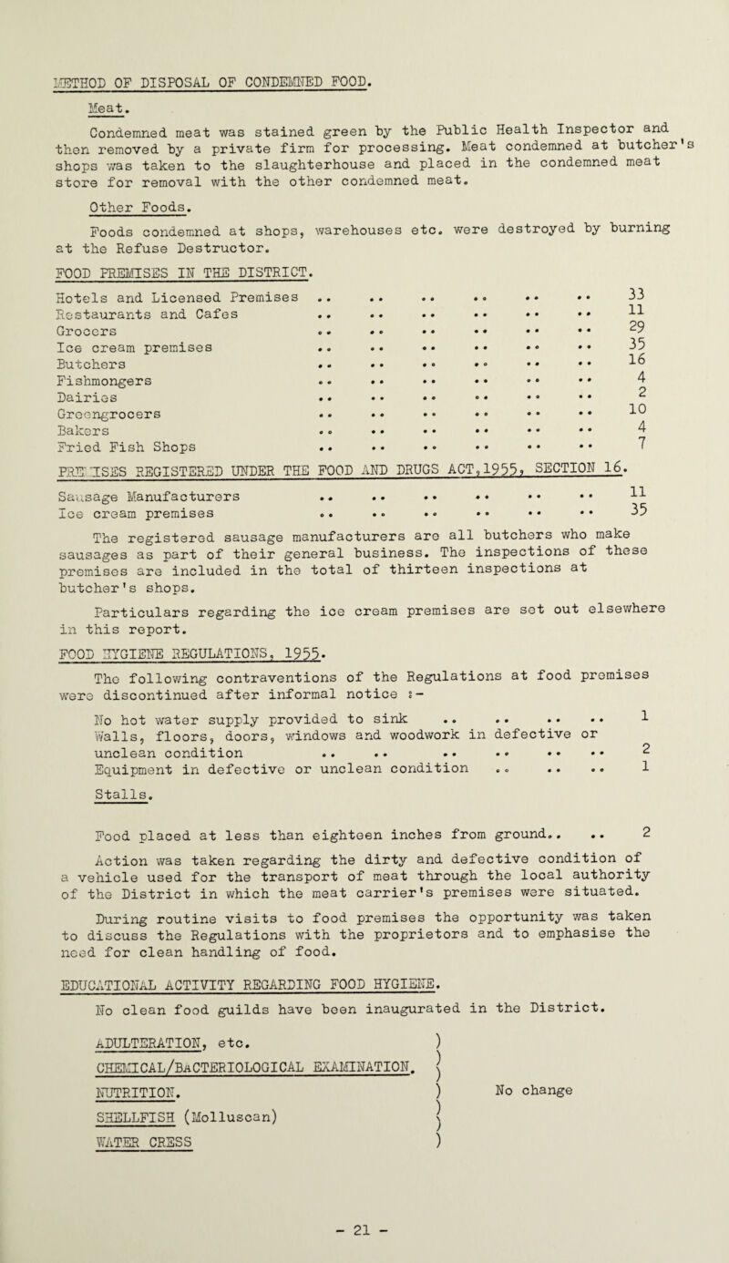METHOD OF DISPOSAL OF CONDEMNED FOOD. Meat. Condemned meat was stained green by the Public Health Inspector and then removed by a private firm for processing. Meat condemned at butcher's shops was taken to the slaughterhouse and placed in the condemned meat store for removal with the other condemned meat. Other Foods. Foods condemned at shops, warehouses etc. were destroyed by burning at the Refuse Destructor. FOOD PREMISES IN THE’ DISTRICT. Hotels and Licensed Premises Restaurants and Cafes Grocers Ice cream premises Butchers Fishmongers Dairies Greengrocers Bakers Fried Fish Shops 33 11 29 35 16 4 2 10 4 7 PREMISES REGISTERED UNDER THE FOOD AND DRUGS ACT,1955? SECTION 16. Sausage Manufacturers Ice cream premises The registered sausage manufacturers are all butchers who make sausages as part of their general business. The inspections of these premises are included in the total of thirteen inspections at butcher's shops. Particulars regarding the ice cream premises are set out elsewhere in this report. FOOD HYGIENE REGULATIONS, 1955. The following contraventions of the Regulations at food promises were discontinued after informal notice s- Ho hot water supply provided to sink .. .. .. • • 1 Walls, floors, doors, windows and woodwork in defective or unclean condition .. .. . • •• •• •• ^ Equipment in defective or unclean condition .. .. .. 1 Stalls. Food placed at less than eighteen inches from ground.. .. 2 Action was taken regarding the dirty and defective condition of a vehicle used for the transport of meat through the local authority of the District in which the meat carrier's premises were situated. During routine visits to food premises the opportunity was taken to discuss the Regulations with the proprietors and to emphasise the need for clean handling of food. EDUCATIONAL ACTIVITY REGARDING FOOD HYGIEHE. Ho clean food guilds have been inaugurated in the District. ADULTERATION, etc. ) CHEMICAL/BaCTERIOLOGICAL EXAMINATION. j NUTRITION. ) No change SHELLFISH (Molluscan) j WATER CRESS )