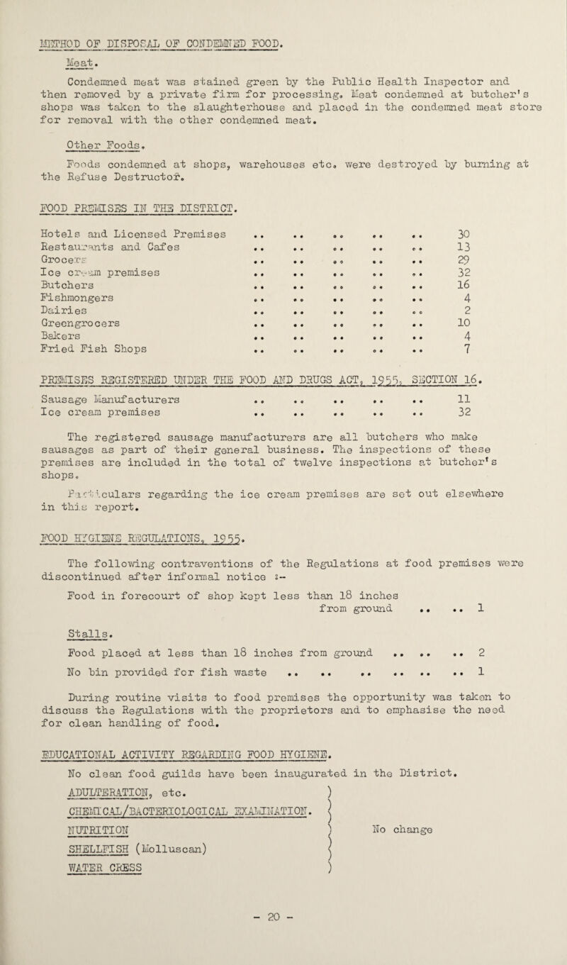 METHOD OF DISPOSAL OF CONDEMNED FOOD. Meat. Condemned meat was stained green by the Public Health Inspector and then removed by a private firm for processing. Meat condemned at butcher's shops was taken to the slaughterhouse and placed in the condemned meat store for removal with the other condemned meat. Other Foods. Foods condemned at shops, warehouses etc. were destroyed by burning at the Refuse Destructor. FOOD PREMISES IN THE DISTRICT. Hotels and Licensed Premises • • 9 O 9 9 9 9 30 Restaurants and Cafes .. • • O 9 9 9 C 9 13 Grocers • • • • 9 0 9 9 9 9 29 Ice crvum premises • • • • • 9 9 9 9 9 32 Butchers • • • • 9 0 0 9 9 9 16 Fishmongers © • • 9 • • 9 0 9 9 4 Dairies 9 o 9 9 • • 0 9 O O 2 Greengrocers • • 9 9 0 0 9 9 9 9 10 Bakers • • 9 • • • 9 0 9 9 4 Fried Fish Shops o « O 9 • 9 0 9 9 9 7 PREMISES REGISTERED UNDER THE FOOD AND DRUGS ACT, 1955.,. SH CTION 16 Sausage Manufacturers • o • • • • • • 11 Ice cream premises • © • • • 9 © © • © 32 The registered sausage manufacturers are all butchers who make sausages as part of their general business. The inspections of these premises are included in the total of twelve inspections at butcher*s shops. Particulars regarding the ice cream premises are set out elsewhere in this report. FOOD HYGIENE REGULATIONS, 1955. The following contraventions of the Regulations at food premises were discontinued after informal notice s- Food in forecourt of shop kept less than 18 inches from ground .. .. 1 Stalls. Food placed at less than l8 inches from ground .2 Ho bin provided for fish waste .. .. ..1 During routine visits to food premises the opportunity was taken to discuss the Regulations with the proprietors and to emphasise the need for clean handling of food. EDUCATIONAL ACTIVITY REGARDING FOOD HYGIENE. No clean food guilds have been inaugurated in the District. ADULTERATION, etc. ) CHEMICAL/BaCTERIOLOGICAL EXAMINATION♦ j NUTRITION ) No change SHELLFISH (Molluscan) < WATER CRESS )