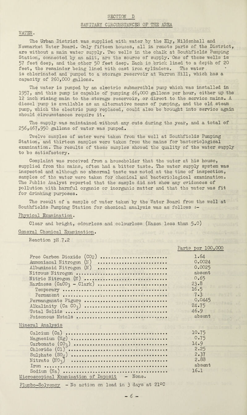 WATER. SANITARY CIRCUMSTANCES OF THE AREA The Urban District was supplied with water by the Ely, Mildenhall and Newmarket Water Board. Only fifteen houses, all in remote parts of the District, are without a main water supply. Two wells in the chalk at Southfields Pumping Station, connected by an adit, are the source of supply. One of these wells is 57 feet deep, and the other 50 feet deep. Each is brick lined to a depth of 20 feet, the remainder being lined with cast iron cylinders. The water . is chlorinated and pumped to a storage reservoir at Warren Hill, which has a capacity of 260,000 gallons. The water is pumped by an electric submersible pump which was installed in 1957, and this pump is capable of pumping 46,000 gallons per hour, either up the 12 inch rising main to the storage reservoir, or direct to the service mains. A diesel pump is available as an alternative means of pumping, and the old steam pump, which the electric pump replaced, could also be brought into service again should circumstances require it. The supply was maintained without any cuts during the year, and a total of 256,467>950 gallons of water was pumped. Twelve samples of water were taken from the well at Southfields Pumping Station, and thirteen samples were taken from the mains for bacteriological examination. The results of these samples showed the quality of the water supply to be satisfactory. Complaint was received from a householder that the water at his house, supplied from the mains, often had a bitter taste. The water supply system was inspected and although no abnormal taste was noted at the time of inspection, samples of the water were taken for chemical and bacteriological examination. The Public Amalyst reported that the sample did not show any evidences of pollution with harmful organic or inorganic matter and that the water was fit for drinking purposes. The result of a sample of water taken by the Water Board from the well at Southfields Pumping Station for chemical analysis was as follows §- Physical Examination. Clear and bright, odourless and colourless (Hazen loss than 5*0) General Chemical Examination. Reaction pH 7*2 Parts per 100,000 Free Carbon Dioxide (CO2) ... I.64 Ammoniacal Nitrogen (N) ... 0.0024 Albuminoid Nitrogen (N) .... 0.0025 Nitrous Nitrogen ..... absent Nitric Nitrogen (N) . O.65 Hardness (CaCO^ - Clark) ... 23.8 Temporary ..... 16.5 Permanent . 7*3 Permanganate Figure . 0.0445 Alkalinity (Ca CO^) . 24*75 Total Solids ..... 4-6.9 Poisonous Metals ........ absent Mineral Analysis Calcium (Ca) . 10.75 Magnesium (Mg) . 0.75 Carbonate (CO^) . 14*9 Chloride (Cl) ... 2.25 Sulphate (SO/) ... 2.37 Nitrate (NO^J . 2.88 Iron ........ absent Sodium (Na) . 16.1 Microscopical Examination of Deposit - None. Plumbo-Solvency - No action on lead in 3 days at 21°C