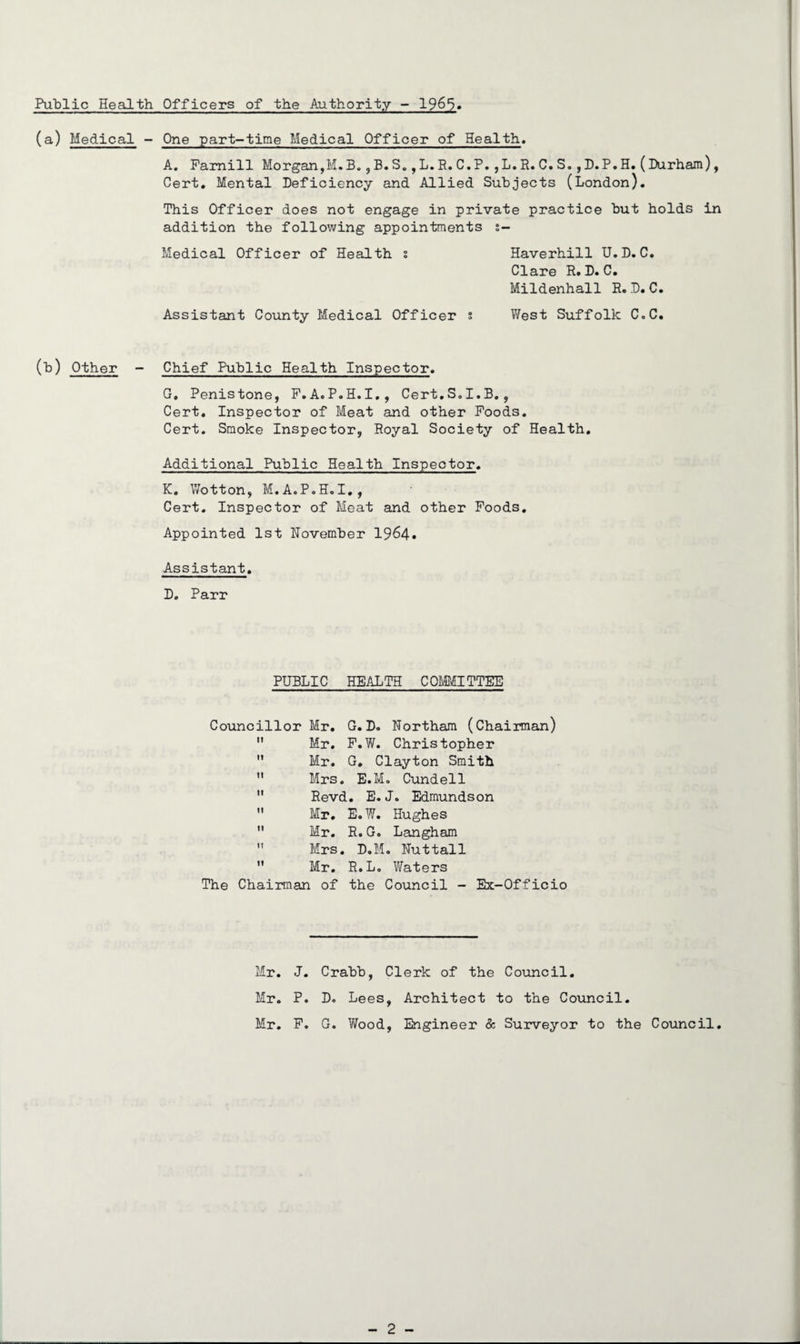 (a) Medical - One part-time Medical Officer of Health. A. Famill Morgan,M.B.,B.S.,L.R.C.P.,L.R.C.S.,D.P.H. (Durham), Cert. Mental Deficiency and Allied Subjects (London). This Officer does not engage in private practice but holds in addition the following appointments z- Medical Officer of Health % Haverhill U.D.C. Clare R. D. C. Mildenhall R. D. C. Assistant County Medical Officer s West Suffolk C«C. (b) Other - Chief Public Health Inspector. G, Penistone, F.A.P.H.I., Cert.S.I.B., Cert. Inspector of Meat and other Foods. Cert. Smoke Inspector, Royal Society of Health. Additional Public Health Inspector. K. Wotton, M.A.P.H.I., Cert. Inspector of Meat and other Foods. Appointed 1st November 1964. Assistant. D. Parr PUBLIC HEALTH COMMITTEE Councillor Mr. G.D. Northam (Chairman)  Mr. F.W. Christopher 11 Mr. G. Clayton Smith  Mrs. B.M. Cundell  Revd. E.J. Edmundson  Mr. E. W. Hughes  Mr. R. G. Langham  Mrs. D.M. Nut tall  Mr. R.L. Waters The Chairman of the Council - Ex-Officio Mr. J. Crabb, Mr. P. D. Lees Mr. F. G. Wood Clerk of the Council. , Architect to the Council. , Engineer & Surveyor to the Council. - 2 - -