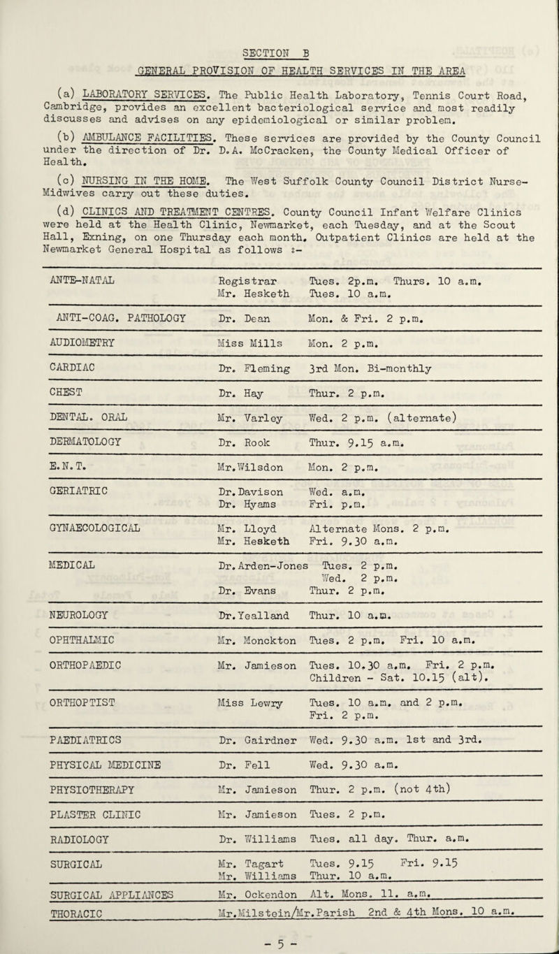GENERAL PROVISION OF HEALTH SERVICES IN THE AREA (a) LABORATORY SERVICES. The Public Health Laboratory, Tennis Court Road, Cambridge, provides an excellent bacteriological service and most readily discusses and advises on any epidemiological or similar problem. (b) AMBULANCE FACILITIES. These services are provided by the County Council under the direction of Dr. D. A. McCracken, the County Medical Officer of Health. (c) NURSING IN THE HOME. The West Suffolk County Council District Nurse- Midwives carry out these duties. (d) CLINICS AND TREATMENT CENTRES. County Council Infant Welfare Clinics were held at the Health Clinic, Newmarket, each Tuesday, and at the Scout Hall, Exning, on one Thursday each month. Outpatient Clinics are held at the Newmarket General Hospital as follows s- ANTE-NATAL Registrar Mr. Hesketh Tues. 2p.m. Thurs. 10 a.m. Tues. 10 a.m. ANTI-COAG. PATHOLOGY Dr. Dean Mon. & Fri. 2 p.m. AUDIOMETRY Miss Mills Mon. 2 p.m. CARDIAC Dr. Fleming 3rd Mon. Bi-monthly CHEST Dr. Hay Thur. 2 p.m. DENTAL. ORAL Mr. Varley Wed. 2 p.m. (alternate) DERMATOLOGY Dr. Rook Thur. 9.15 E. N. T. Mr.Wilsdon Mon. 2 p.m. GERIATRIC Dr.Davison Wed. a.m. Dr. Hyams Fri. p.m. GYNAECOLOGICAL Mr. Lloyd Alternate Mons. 2 p.m. Mr. Hesketh Fri. 9.30 a.m. MEDICAL Dr.Arden-Jones Tues. 2 p.m. Wed. 2 p.m. Dr. Evans Thur. 2 p.m. NEUROLOGY Dr.Yealland Thur. 10 a.m. OPHTHALMIC Mr. Monckton Tues. 2 p.m. Fri. 10 a.m. ORTHOPAEDIC Mr. Jamieson Tues. 10.30 a.m. Fri. 2 p.m. Children - Sat. 10.15 (alt). ORTHOPTIST Miss Lewry Tues. 10 a.m, and 2 p.m. Fri. 2 p.m. PAEDIATRICS Dr. Gairdner Wed. 9.30 a.m. 1st and 3rd. PHYSICAL MEDICINE Dr. Fell Wed. 9«30 a.m. PHYSIOTHERAPY Mr. Jamieson Thur. 2 p.m. (not 4th) PLASTER CLINIC Mr. Jamieson Tues. 2 p.m. RADIOLOGY Dr. Williams Tues. all day. Thur. a.m. SURGICAL Mr. Tagart Tues. 9.15 Fri. 9.15 Mr. Williams Thur. 10 a.m. SURGICAL APPLIANCES Mr. Ockendon Alt. Mons. 11. a.m. THORACIC Mr.Milstein/Mr.Parish 2nd & 4th Mons. 10 a.m.