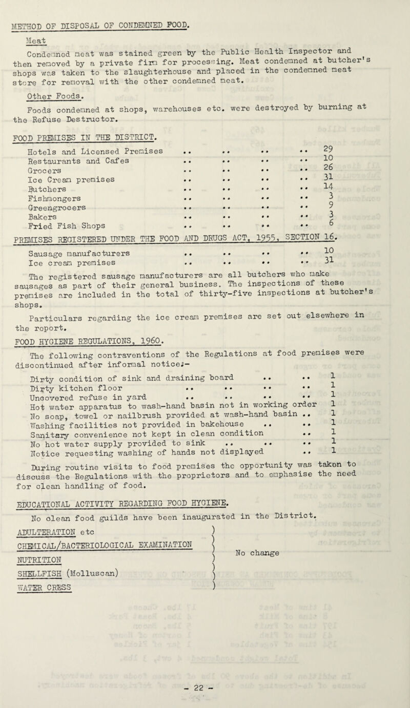 METHOD OF DISPOSAL OF CONDEMNED FOOD. Meat Condemned neat was stained green by the Public Health Inspector and then renoved by a private fim for processing. Meat condemned at butcher's shops was taken to the slaughterhouse and placed in the condemned neat store for removal with the other condemned neat. Other Foods. Foods condemned at shops, warehouses etc. were destroyed by burning at the Refuse Destructor. FOOD PREMISES IN THE DISTRICT. Hotels and Licensed Premises Restaurants and Cafes Grocers Ice Cream premises Butchers Fishmongers Greengrocers Bakers Fried Fish Shops PREMISES REGISTERED UNDER THE FOOD « • • • ♦ • o • • • • • AND DRUGS ACT. 1955. SECTION 29 10 26 31 14 3 9 3 6 16. Sausage manufacturers Ice cream premises • • .. 10 31 The registered sausage manufacturers are all butchers who make sausages as part of their general business. The inspections of these premises are included in the total of thirty-five inspections at butcher's shops. Particulars regarding the ice cream premises are set out elsewhere in the report. FOOD HYGIENE REGULATIONS„ I960. —. ... — ■ . — - - i The following contraventions of the Regulations at food premises were discontinued after informal notices- Dirty condition of sink and draining board .. • • Diipty kitchen floor • • • • ♦ • • • Uncovered refuse in yard .. •• •• •• Hot water apparatus to wash-hand basin not in working order No soap, towel or nailbrush provided at wash-hand basin .. Washing facilities not provided in bakehouse .* •* Sanitary convenience not kept in clean condition .# No hot water supply provided to sink .. • • Notice requesting washing of hands not displayed .. 1 1 1 1 1 1 1 1 1 During routine visits to food premises the opportunity was taken to discuss the Regulations with the proprietors and to emphasise the need for clean handling of food. EDUCATIONAL ACTIVITY REGARDING FOOD HYGIENE. No clean food guilds have been inaugurated in the District. ADULTERATION etc ) CHEMICAL/BACTERIOLOGICAL EXAMINATION \ ~ l No change NUTRITION ) SHELLFISH (Molluscan) ) WATER CRESS )