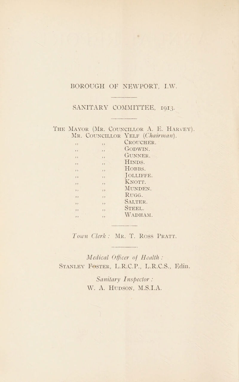 SANITARY COMMITTEE, 1913. The Mayor (Mr. Councillor A. E. Harvey) Mr. Councillor Yelf [Chairman). ,, ,, Croucher. ,, ,, Godwin. ,, ,, Gunner. ,, ,, Hinds. ,, ,, Hobbs. ,, ,, Jolliffe. ,, ,, Knott. ,, ,, Munden. ,, ,, Rugg. ,, ,, Salter. ,, ,, Steel. Wadham. Town Clerk : Mr. T. Ross Pratt. Medical Officer of Health : Stanley Foster, L.R.C.P., U.R.C.S., Edin. Sanitary Inspector: W. A. Hudson, M.S.I.A.