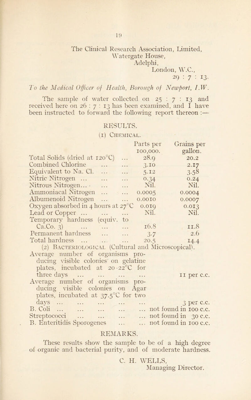 The Clinical Research Association, Limited, Watergate House, Adelphi, London, W.C., 29 : 7 : 13. To the Medical Officer 0/ Health, Borough oj Newport, I.W. The sample of water collected on 25 : 7 : 13 and received here on 26 : 7 : 13 has been examined, and I have been instructed to forward the following report thereon :— RESULTS. (1) Chemical. Parts per Grains per 100,000. gallon. Total vSolids (dried at I20°C) • • • 28.9 20.2 Combined Chlorine • • • 3.10 2.17 Equivalent to Na. Cl. • • » 3-58 Nitric Nitrogen ... • » . 0-34 0.24 Nitrous Nitrogen... . . • Nil. Nil. Ammoniacal Nitrogen ... . . . 0.0005 0.0004 Albumenoid Nitrogen . . • 0.0010 0.0007 Oxygen absorbed in 4 hours at 27°C 0.019 0.013 Lead or Copper ... • • • Nil. Nil. Temporarv hardness (equiv. to Ca.Co. 3) . * • • 16.8 11.8 Permanent hardness • • • 3-7 2.6 Total hardness . . . 20.5 14.4 (2) Bacteriological (Cultural and Microscopical!. Average number of organisms pro¬ ducing visible colonies on gelatine plates, incubated at 20 -22°C for three days Average number of organisms pro¬ ducing visible colonies on Agar plates, incubated at 37-5°C for two days ... B. Coli ... Streptococci B. Enteritidis Sporogenes 11 per c.c. 3 per c.c. not found in 100 c.c. not found in 30 c.c. not found in 100 c.c. REMARKS. These results show the sample to be of a high degree of organic and bacterial purity, and of moderate hardness. C. H. WELLS, Managing Director.