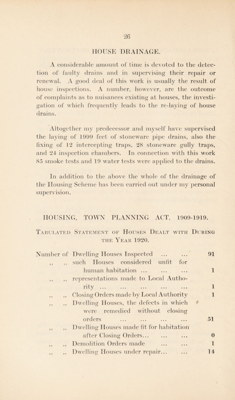 HOUSE DRAINAGE. A considerable amount of time is devoted to the detec¬ tion of faulty drains and in supervising their repair or renewal. A good deal of this work is usually the result of house inspections. A number, however, are the outcome of complaints as to nuisances existing at houses, the investi¬ gation of which frequently leads to the re-laying of house drains. Altogether my predecessor and myself have supervised the laying of 1999 feet of stoneware pipe drains, also the fixing of 12 intercepting traps, 28 stoneware gully traps, and 24 inspection chambers. In connection with this work 85 smoke tests and 19 water tests were applied to the drains. In addition to the above the whole of the drainage of the Housing Scheme has been carried out under my personal supervision. HOUSING, TOWN PLANNING ACT, 1909-1919. Tabulated Statement of Houses Dealt with During the Year 1920. Number of 9 9 9 9 99 9 9 9 9 9 9 9 9 9 9 99 99 9 9 9 9 9 9 9 9 Dwelling Houses Inspected such Houses considered unfit for human habitation ... representations made to Local Autho- rity ... ... ... ... ... Closing Orders made by Local Authority Dwelling Houses, the defects in which were remedied without closing orders Dwelling Houses made fit for habitation after Closing Orders. Demolition Orders made Dwelling Houses under repair... 91 1 1 1 51 0 1 14