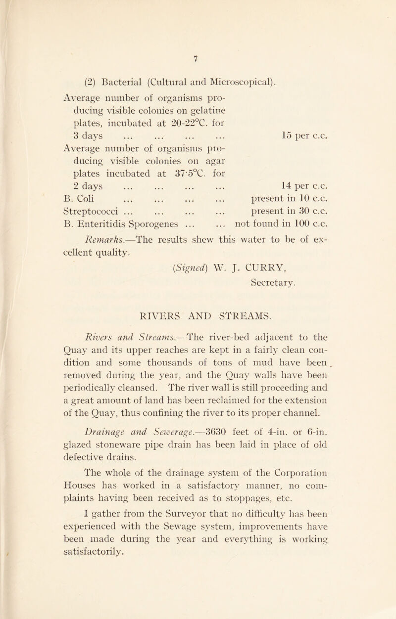 (2) Bacterial (Cultural and Microscopical). Average number of organisms pro¬ ducing visible colonies on gelatine plates, incubated at 20-22°C. for 3 days ... ... ... Average number of organisms pro¬ ducing visible colonies on agar plates incubated at 37*5°C. for 2 days B. Coli vStreptococci ... B. Enteritidis Sporogenes ... 15 per c.c. 14 per c.c. present in 10 c.c. present in 30 c.c. not found in 100 c.c. Remarks.—The results shew this water to be of ex¬ cellent quality. (Signed) W. J. CURRY, Secretary. RIVERS AND STREAMS. Rivers and Streams.—The river-bed adjacent to the Quay and its upper reaches are kept in a fairly clean con¬ dition and some thousands of tons of mud have been removed during the year, and the Quay walls have been periodically cleansed. The river wall is still proceeding and a great amount of land has been reclaimed for the extension of the Quay, thus confining the river to its proper channel. Drainage and Sewerage.—3630 feet of 4-in. or 6-in. glazed stoneware pipe drain has been laid in place of old defective drains. The whole of the drainage system of the Corporation Houses has worked in a satisfactory manner, no com¬ plaints having been received as to stoppages, etc. I gather from the Surveyor that no difficulty has been experienced with the Sewage system, improvements have been made during the year and everything is working satisfactorily.