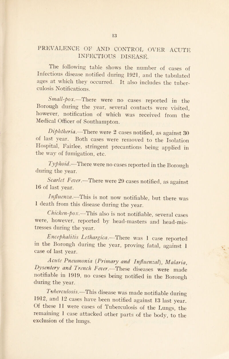 PREVALENCE OF AND CONTROL OVER ACUTE INFECTIOUS DISEASE. The following table shows the number of cases of Infectious disease notified during 1921, and the tabulated ages at which they occurred. It also includes the tuber¬ culosis Notifications. Small-pox.—There were no cases reported in the Borough during the year, several contacts were visited, however, notification of which was received from the Medical Officer of Southampton. Diphtheria.— There were 2 cases notified, as against 30 of last year. Both cases were removed to the Isolation Hospital, Fairlee, stringent precautions being applied in the way of fumigation, etc. Typhoid.—There were no cases reported in the Borough during the year. Scarlet Fever. There were 29 cases notified, as against 16 of last year. Influenza. I his is not now notifiable, but there was 1 death from this disease during the year. Chicken-pox.- This also is not notifiable, several cases were, however, reported by head-masters and head-mis¬ tresses during the year. Encephalitis Fethargica.—There was 1 case reported m the Borough during the year, proving fatal, against 1 case of last year. Acute Pneumonia (Primary and Influenzal), Malaria, Dysentery and drench lever.—These diseases were made notifiable in 1919, no cases being notified in the Borough during the year. Tuberculosis, d his disease was made notifiable during 1912, and 12 cases have been notified against 13 last year. Of these 11 were cases of Tuberculosis of the Lungs, the remaining 1 case attacked other parts of the body, to the exclusion of the lungs.