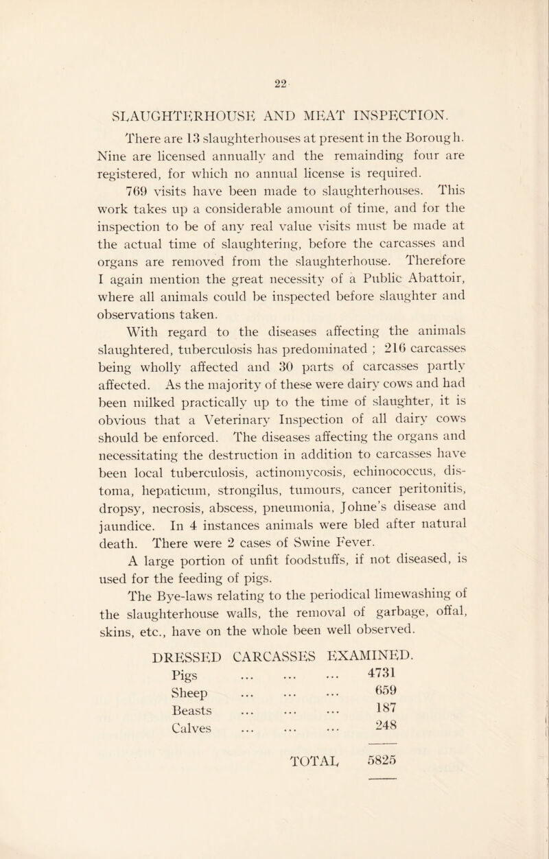 SLAUGHTERHOUSE AND MEAT INSPECTION. There are 13 slaughterhouses at present in the Borough. Nine are licensed annually and the remainding four are registered, for which no annual license is required. 769 visits have been made to slaughterhouses. This work takes up a considerable amount of time, and for the inspection to be of any real value visits must be made at the actual time of slaughtering, before the carcasses and organs are removed from the slaughterhouse. Therefore I again mention the great necessity of a Public Abattoir, where all animals could be inspected before slaughter and observations taken. With regard to the diseases affecting the animals slaughtered, tuberculosis has predominated ; 216 carcasses being wholly affected and 30 parts of carcasses partly affected. As the majority of these were dairy cows and had been milked practically up to the time of slaughter, it is obvious that a Veterinary Inspection of all dairy cows should be enforced. The diseases affecting the organs and necessitating the destruction in addition to carcasses have been local tuberculosis, actinomycosis, echinococcus, dis- toma, hepaticum, strongilus, tumours, cancer peritonitis, dropsy, necrosis, abscess, pneumonia, Johne’s disease and jaundice. In 4 instances animals were bled after natural death. There were 2 cases of Swine Fever. A large portion of unfit foodstuffs, if not diseased, is used for the feeding of pigs. The B3^e-laws relating to the periodical limewashing of the slaughterhouse walls, the removal of garbage, offal, skins, etc., have on the whole been well observed. Pigs Sheep Beasts Calves 4731 659 187 248 TOTAL 5825