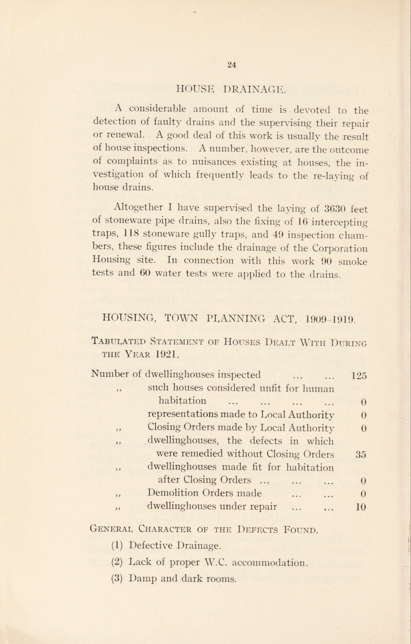 HOUSE DRAINAGE. A considerable amount of time is. devoted to the detection of faulty drains and the supervising their repair or renewal. A good deal of this work is usually the result of house inspections. A number, however, are the outcome of complaints as to nuisances existing at houses, the in¬ vestigation of which frequently leads to the re-laying of house drains. Altogether I have supervised the laying of 3630 feet of stoneware pipe drains, also the fixing of 16 intercepting traps, 118 stoneware gully traps, and 49 inspection cham¬ bers, these figures include the drainage of the Corporation Housing site. In connection with this work 90 smoke tests and 60 water tests were applied to the drains. HOUSING, TOWN PLANNING ACT, 1909-1919. Tabulated Statement of Houses Dealt With During the Year 1921. Number of dwellinghouses inspected . 125 ,, such houses considered unfit for human habitation ... ... ... ... o representations made to Local Authority 0 ,, Closing Orders made by Local Authority 0 ,, dwellinghouses, the defects in which were remedied without Closing Orders 35 ,, dwellinghouses made fit for habitation after Closing Orders. 0 ,, Demolition Orders made ... ... 0 ,, dwellinghouses under repair ... ... 10 General Character of the Defects Found. (1) Defective Drainage. (2) Lack of proper W.C. accommodation. (3) Damp and dark rooms.