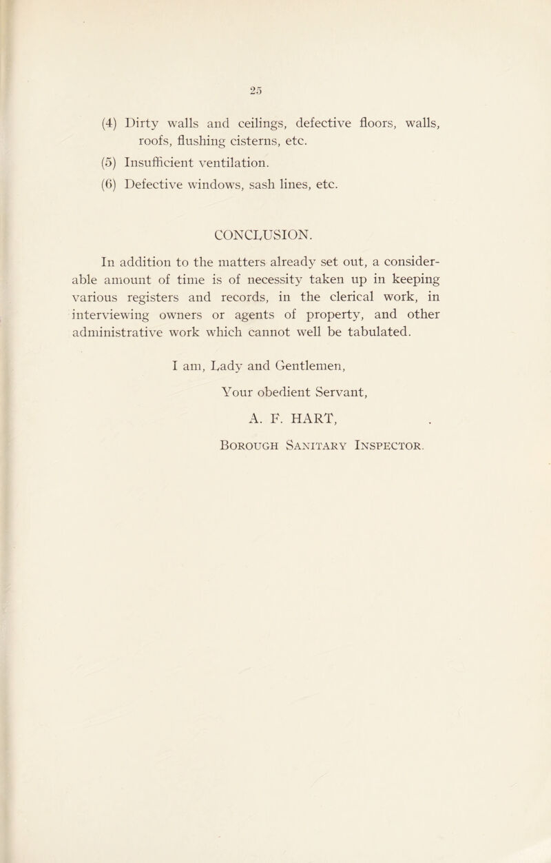 (4) Dirty walls and ceilings, defective floors, walls, roofs, flushing cisterns, etc. (5) Insufficient ventilation. (6) Defective windows, sash lines, etc. CONCLUSION. In addition to the matters already set out, a consider¬ able amount of time is of necessity taken up in keeping various registers and records, in the clerical work, in interviewing owners or agents of property, and other administrative work which cannot well be tabulated. I am, Lady and Gentlemen, Your obedient Servant, A. F. HART, Borough Sanitary Inspector.
